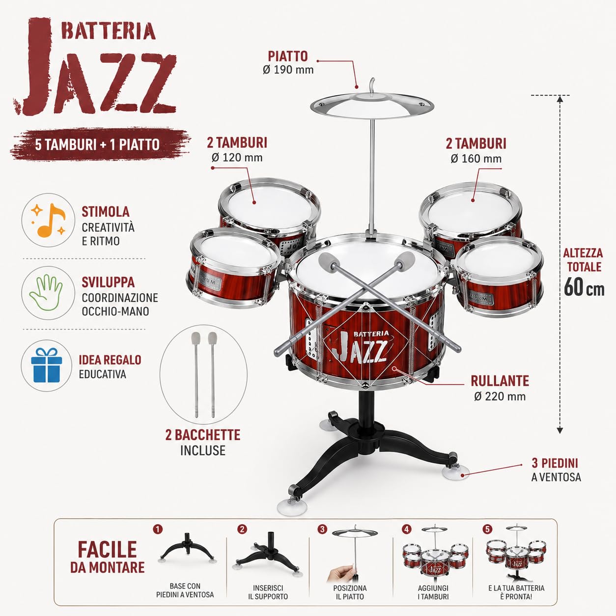 Zestaw perkusyjny dla dzieci Jazz Drum Zestaw perkusyjny dla dzieci Mini Drum Zestaw Instrumentów Muzycznych z 5 bębnami 1 Płaski 2 Pałeczki Edukacyjny Instrument muzyczny Perkusyjny (C)