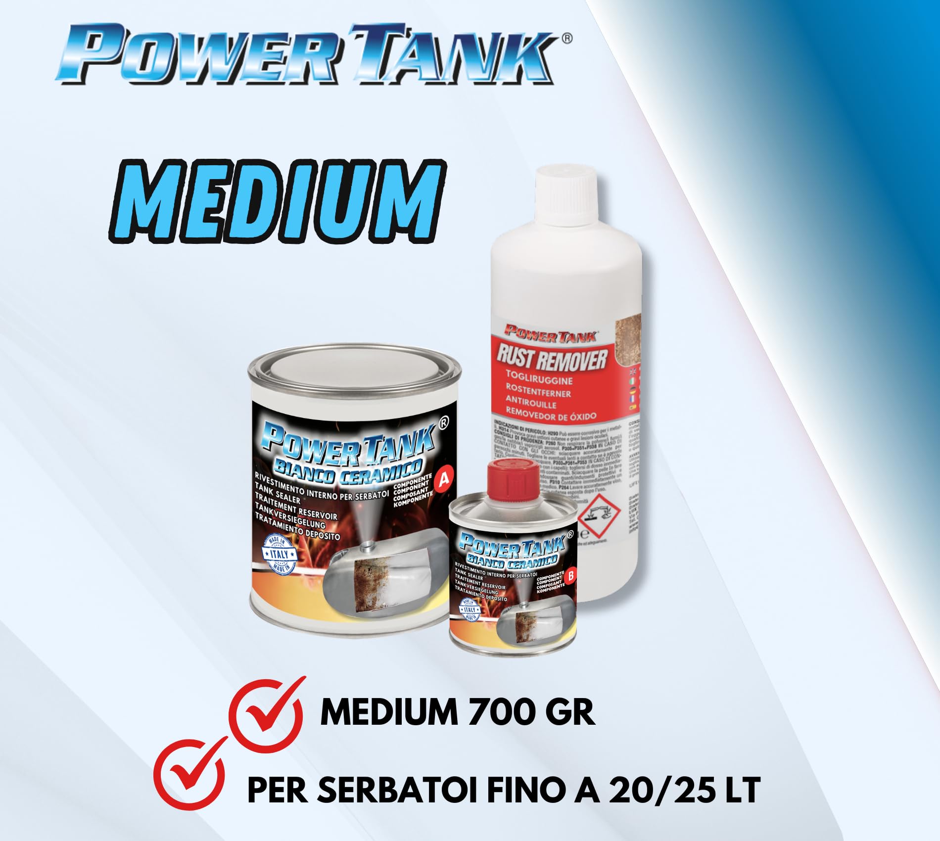 POWER TANK BIANCO CERAMICO Trattamento Serbatoio Moto (20/25 Litri) Kit Medio Medium 700 gr per interno Serbatoi Elimina la Ruggine Ripara Protegge Arrugginito da Auto Di Vespa d'Epoca con Antiruggine