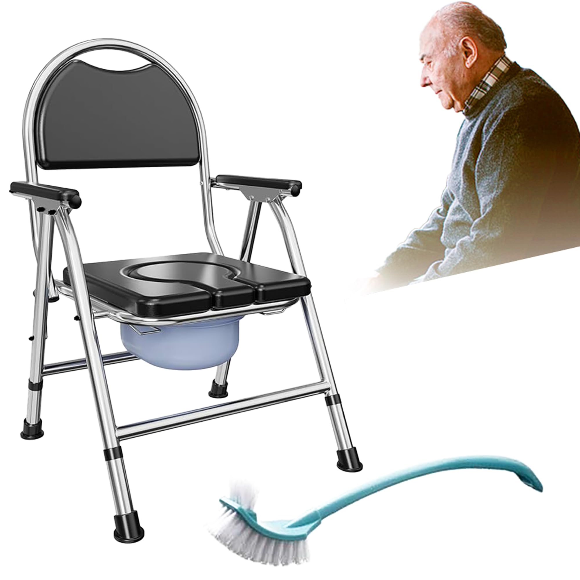 KUYRA 4-in-1 Folding Bedside Commode Chair for Seniors & Elderly Adjustable Height Portable Toilet with Arms Handles & Backrest, Raised Toilet Seat