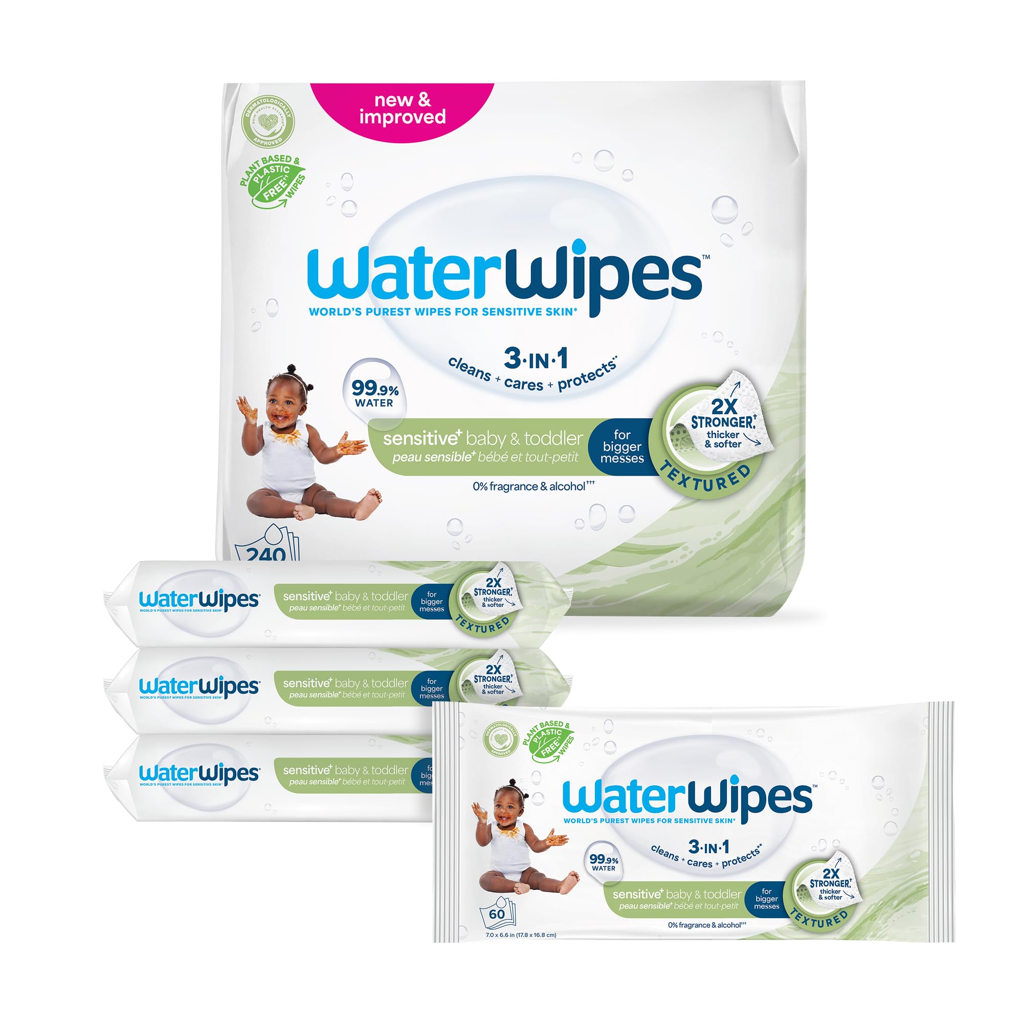 WaterWipesSensitive+ Baby & Toddler Wipes, 3-In-1 Cleans, Cares, Protects, 99.9% Water, Textured Clean, Unscented & Hypoallergenic, 240 Count (4 Packs)