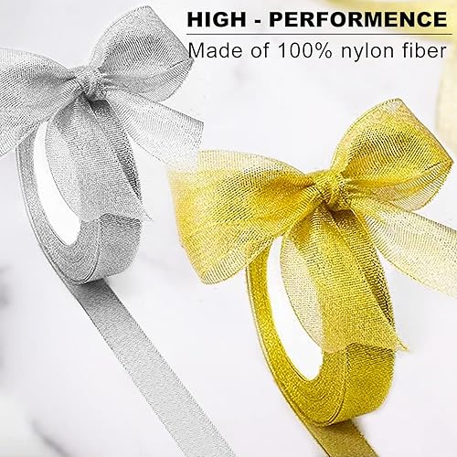 Miniatura 5 de Cinta metálica dorada y plateada con purpurina de 14 de pulgada, 25 yardas, 2 rollos, cinta de tela brillante perfecta para manualidades, costura,