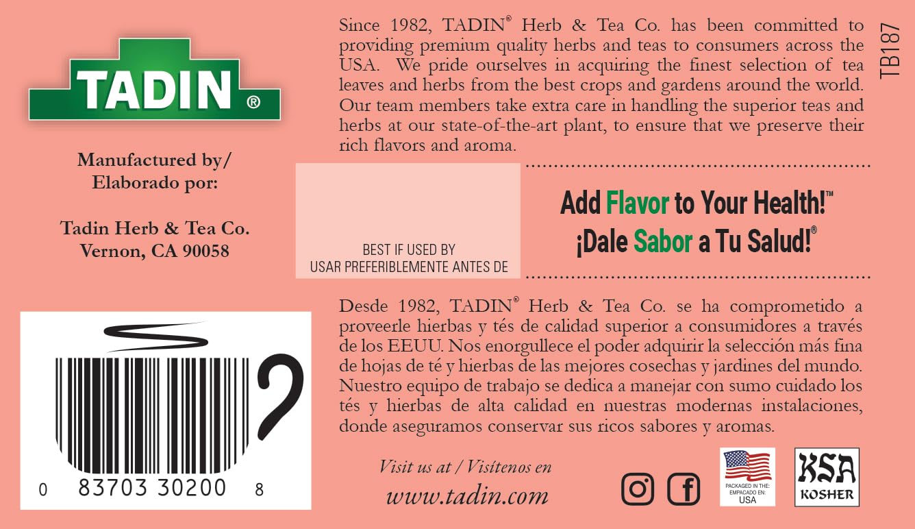 Tadin Hibiscus Herbal Tea, Caffeine Free, 24 Tea Bags Per Box, Pack of 6