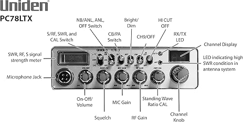 Miniatura 9 de Uniden PC78LTXFM Radio CB profesional de 40 canales con modo dual AMFM, medidor SWR integrado, función PACB, corte alto, control de ganancia de