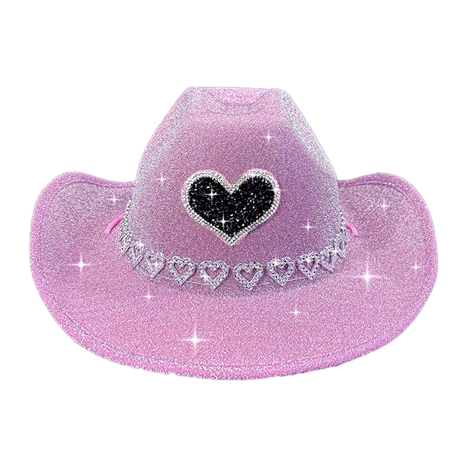 Unisex Sequin Trillby Hat Carnival Fashionable Sequin Cowboy Hat Chic Glitter Western Style Cowboy Hats with Heart Printed Retro Country Style Wide Brim Cowgirl Hats for Beach Music Festival Pink