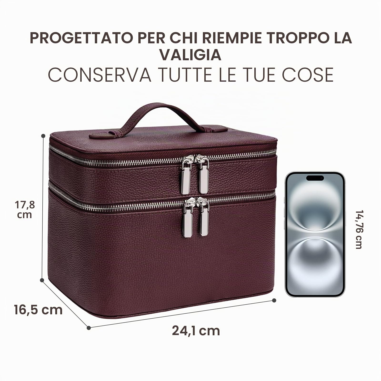 Beauty case per trucchi, grande capacità, impermeabile, a doppio strato, con divisorio rimovibile, doppio scomparto, organizer per pennelli da viaggio, multifunzionale, bordeaux (24,1 x 16,5