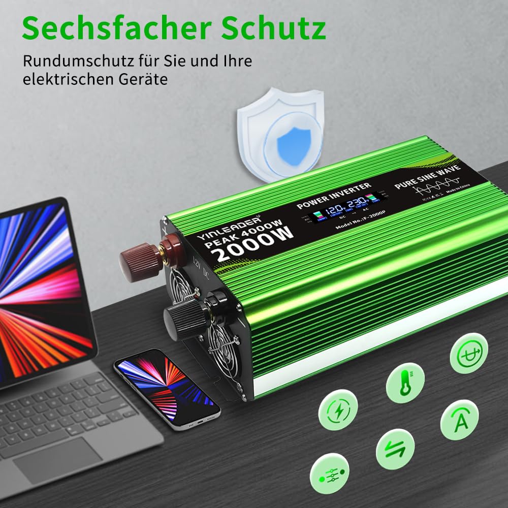 Yinleader Wechselrichter 2000W /4000W Spannungswandler Reine Sinuswelle 12V 230V mit 2 Eurosteckdosen und 4 USB Spannungsanzeige