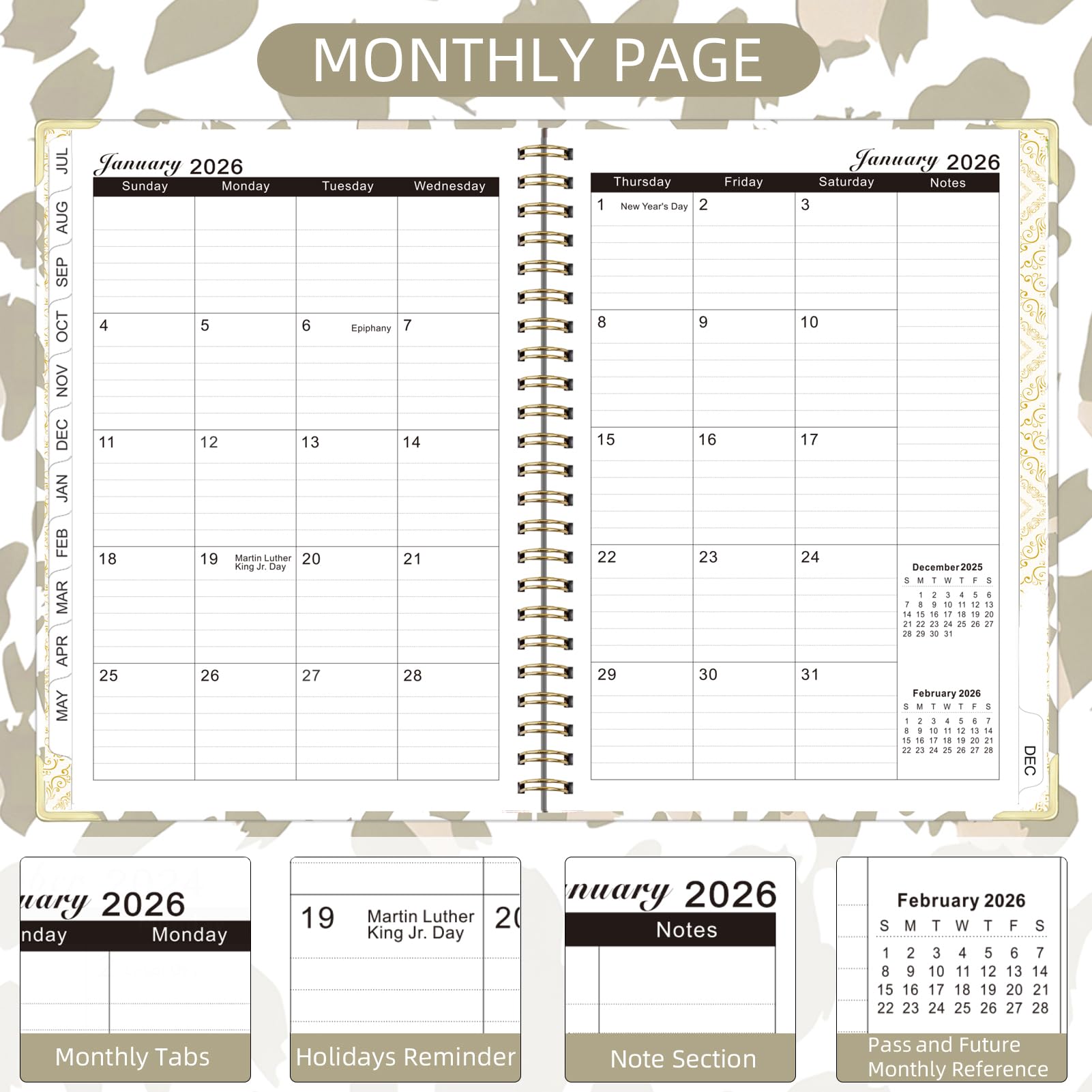 Knagsfa 2026 Planner, Jan.2026 - Dec.2026 Planner Weekly and Monthly 6.25"x8.5" with with Page Tabs, Calendar Hardcover with Inner Pocket, Elastic Band, Twin-Wire Binding, Bookmark, Gray Pink Leopard - Image 3