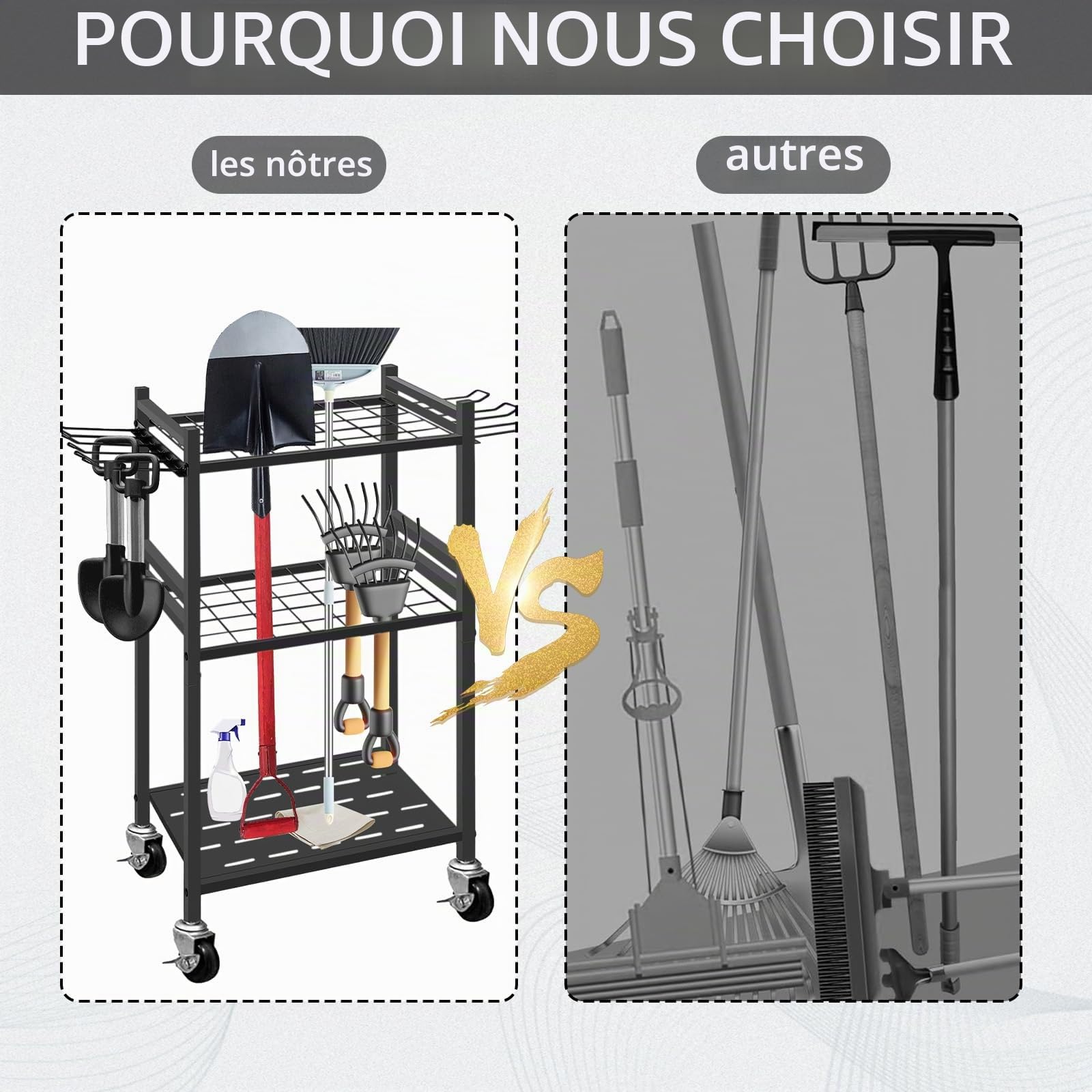 Range Outils de Jardin, Chariot de Jardin en Acier au Carbone avec Roue Universelle Support Range Outils de Jardin avec 6 Crochets Latéraux Longs et 3 Crochets de Rangement pour Garages et Jardins