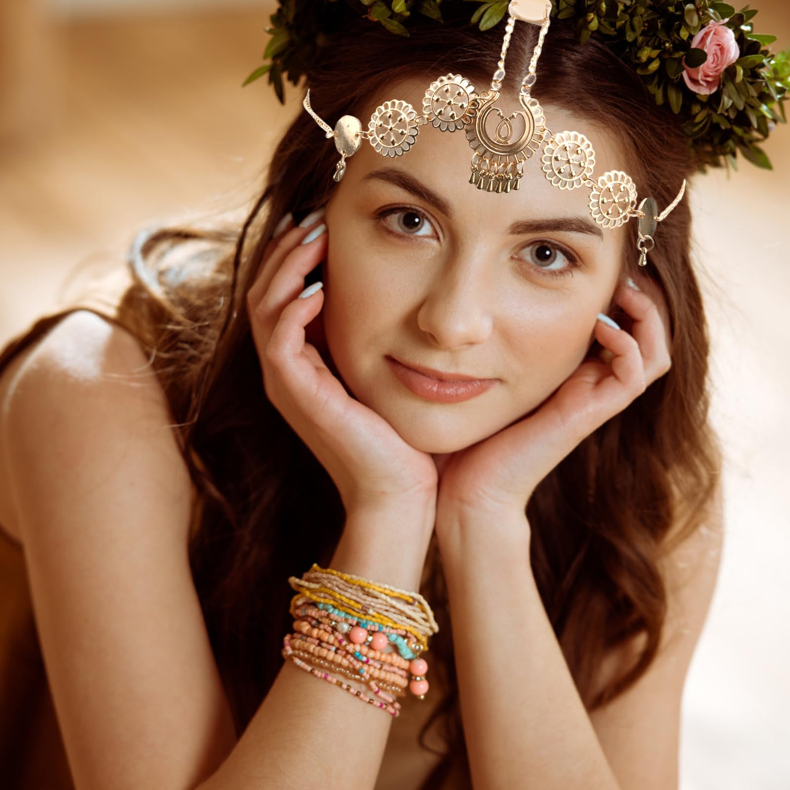 Vintage złoty łańcuszek na głowę boho akcesoria Kleopatra Festiwal ślubny warstwowy łańcuszek do włosów z cekinami i frędzlami akcesoria do włosów dla kobiet i dziewcząt