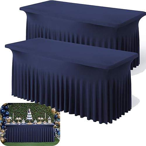 Vista 73 de Paquete de 2 manteles de elastano negro para mesas rectangulares de 6 pies, sin arrugas, elásticos, ajustables, falda de mesa elegante de 6 pies