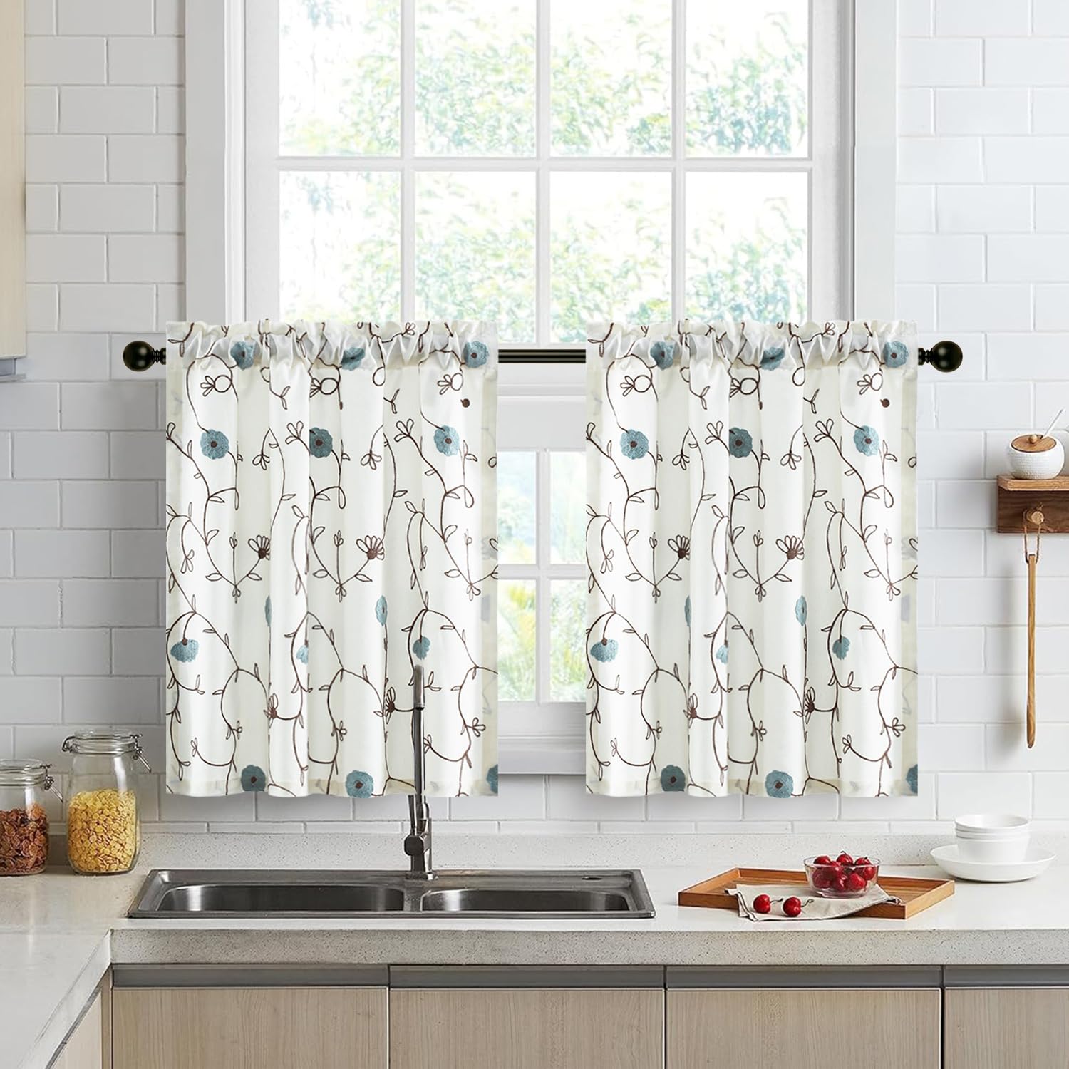 VOGOL Blue & White Tier Curtains, 30 Inches Length Tiers for Kitchen Cafe Windows, Blue Blossom Embroidered Half Bathroom Window Curtain Panels, Rod Pocket, 2 Pieces, 30x30
