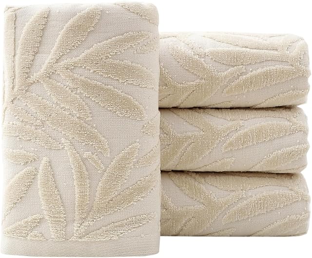 Ensemble de serviettes à main Pidada de 4 pièces motif feuille 100 % coton absorbant doux, serviette décorative pour salle de bain (marron clair)