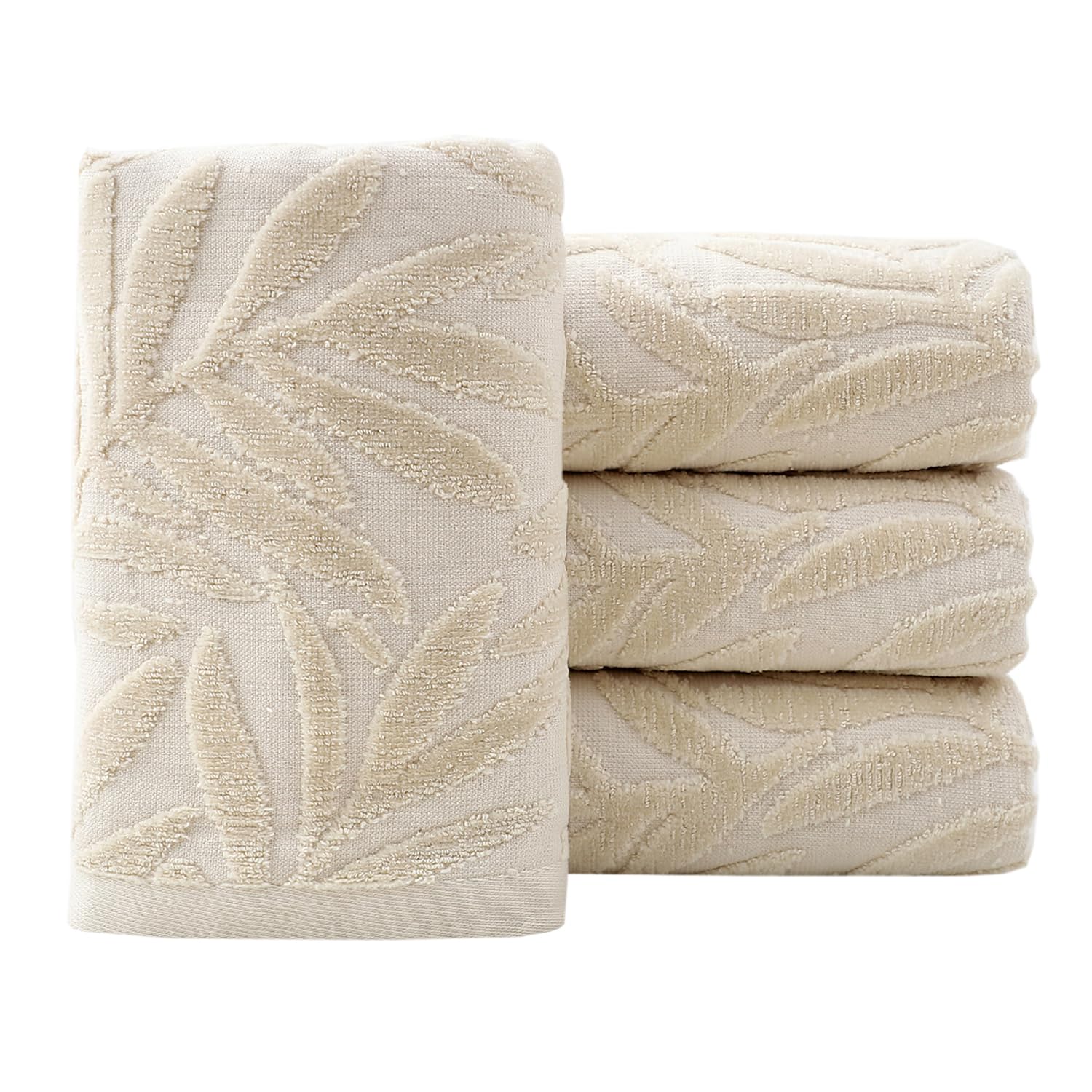 Pidada Hand Towels Set of 4 Leaf Pattern 100% Cotton Absorbent Soft Decorative Towel for Bathroom (Light Brown)