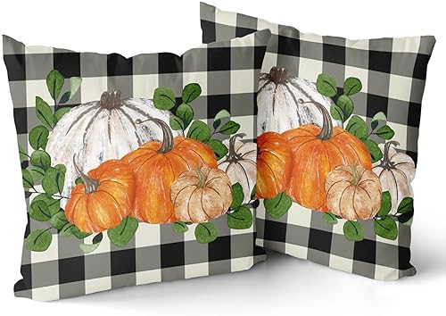 Miniatura 2 de Juego de 2 fundas de almohada de otoño de 20 x 20 pulgadas, color blanco, naranja, calabaza, hoja de eucalipto, búfalo negro, a cuadros, fundas