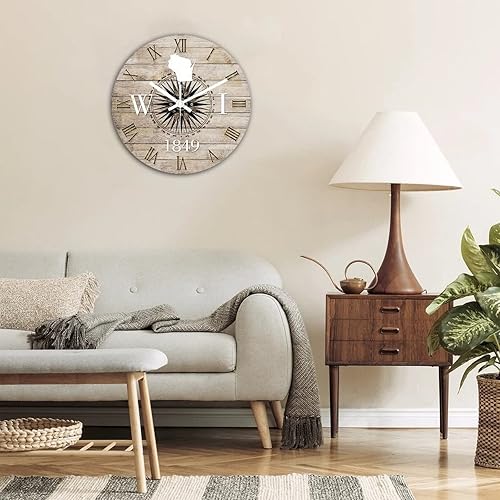 Miniatura 4 de Vrurinss Reloj de pared de madera retro con temática náutica de madera brújula silueta de Wisconsin reloj colgante de número romano no tictac