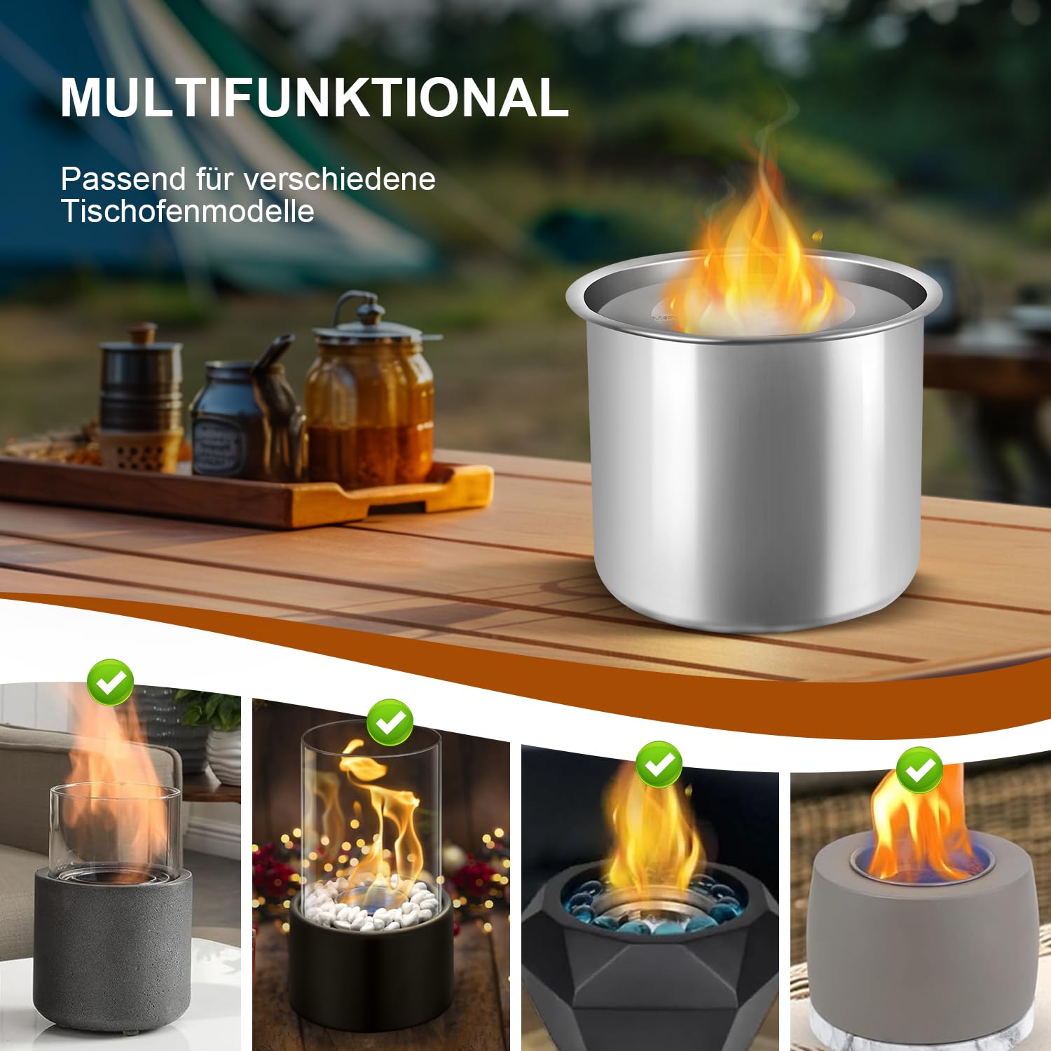 Set Camere Combustione Bioetanolo - 2 Grandi + 2 Piccole + 4 Lana Vetro, Acciaio Inox - Per Caminetti Da Tavolo - Foto 11