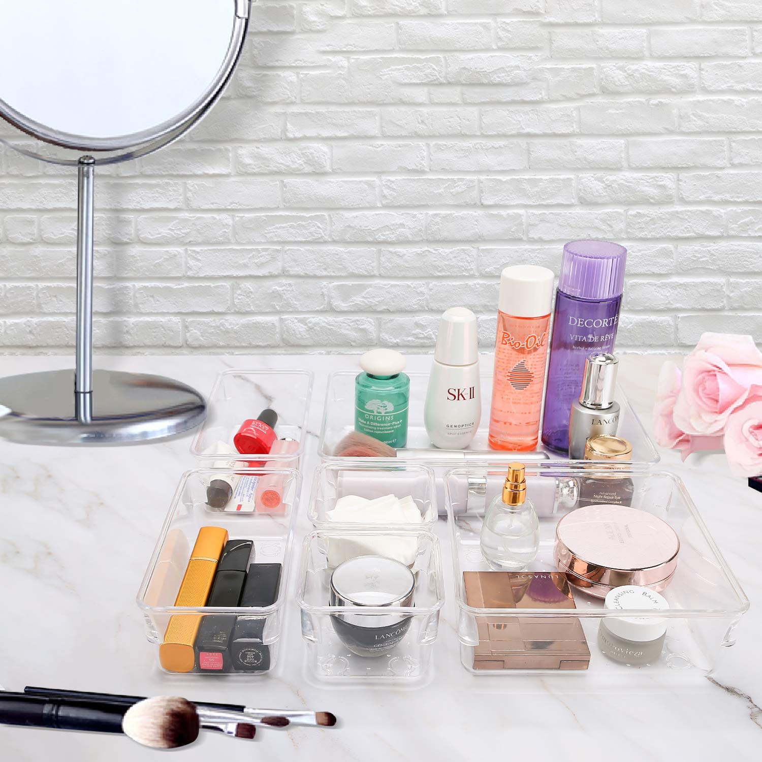 Puricon 7 Set Drawer Organiser Trays, Clear Plastic Trays Containers Drawer Organisation Storage