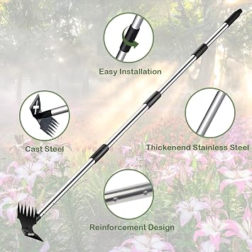 NICOFPHY Weed Puller Tool with Long Handle - 60 Manual Weeder Remover Tool, 2 in 1 Hand Weed Rake and Garden Hoe for Gardening, Heavy Duty Uprooting Weeding Pull for Yard, Lawn, Patio and Garden
