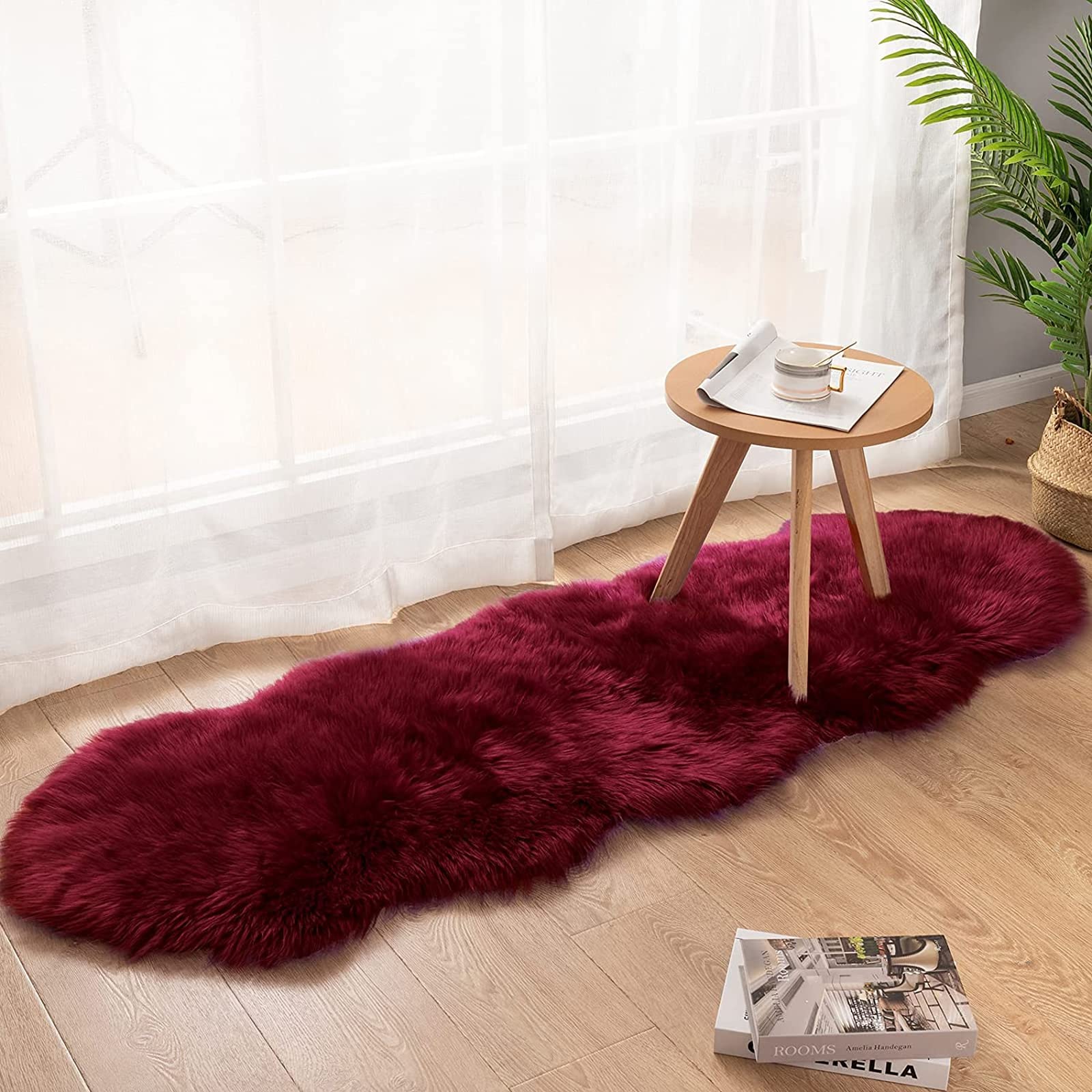 Lammfellimitat Teppich Faux Lammfell Schaffell Teppich Weich Flauschig Faux Fell Teppich Bettvorleger Sofa Matte Kunstfell Dekofell für Wohnzimmer Schlafzimmer (60x180 cm, Rot)