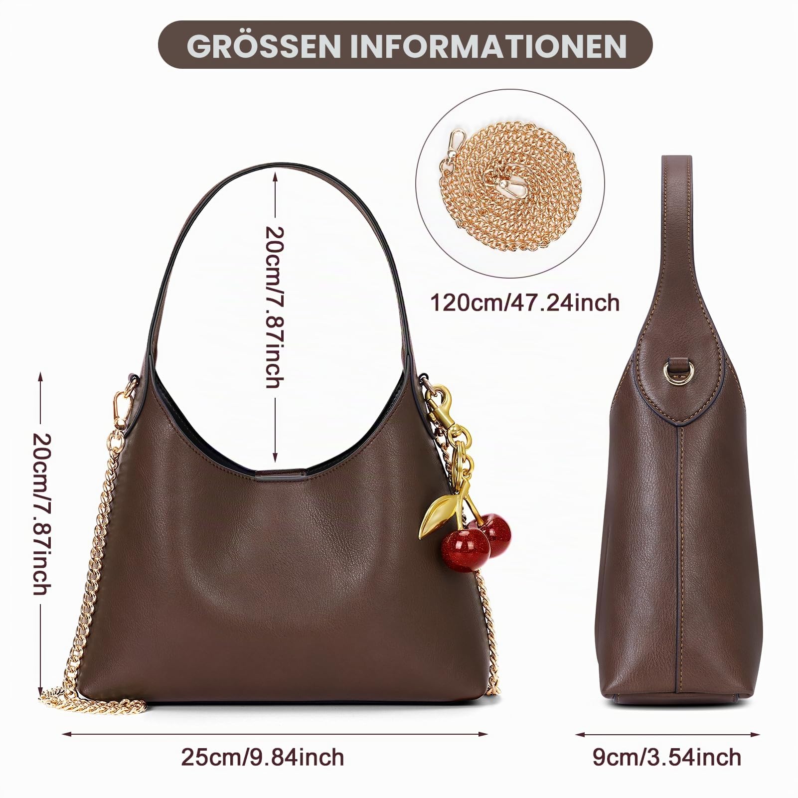 Hobo-Tasche für Damen, klein, Kirschendesign, Schultertasche, Tragetasche aus Kunstleder, modische Handtasche, Umhängetasche mit Kettenriemen