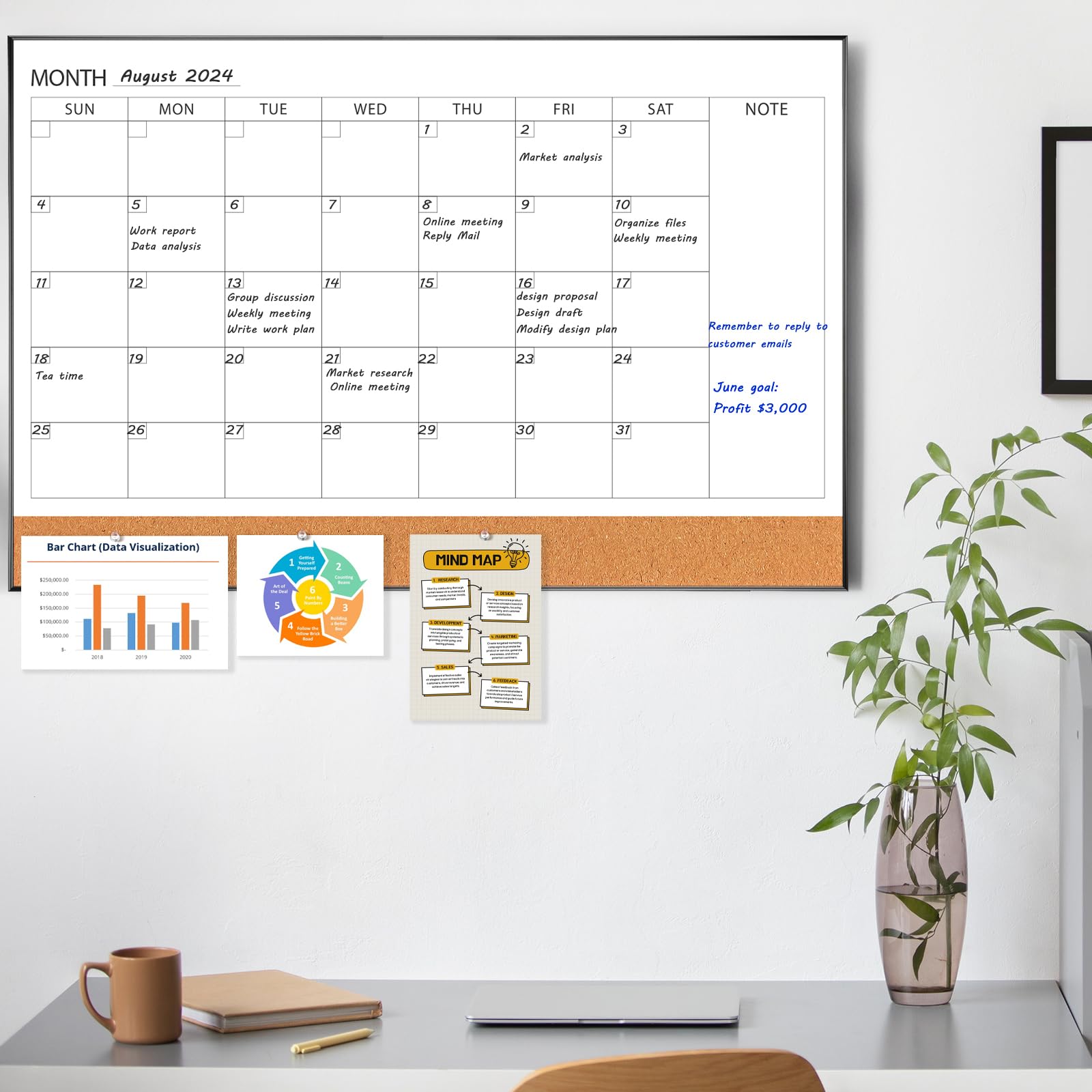 ARCOBIS Calendario de borrado en seco con tablero de corcho para pared, calendario magnético de 36 x 24 pulgadas, pizarra blanca con marco negro, pizarra combinada mensual para escuela, hogar, oficina