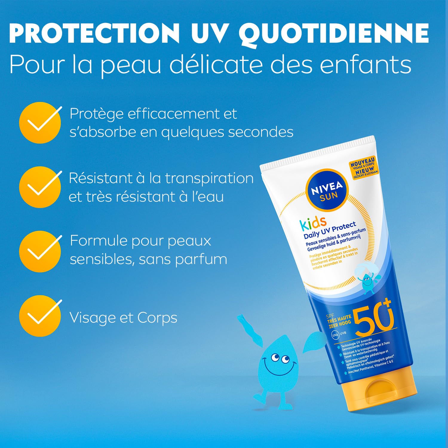 NIVEA SUN Crème Solaire Quotidienne Kids FPS50+ Protection Solaire Enfant Visage et Corps avec Panthénol Vitamines E et C Absorption Rapide Résistante à l'Eau Peaux Sensibles 100 ml