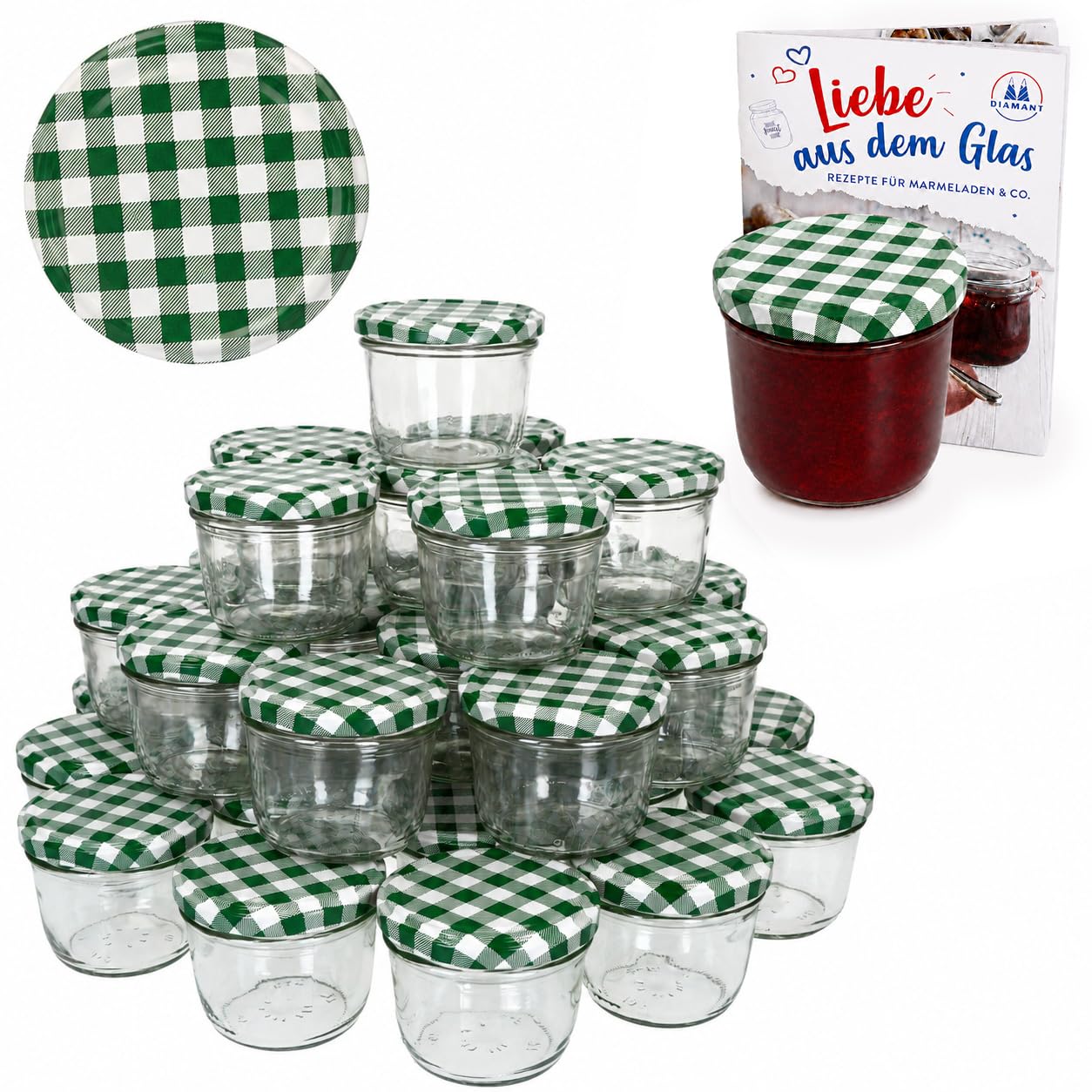 MamboCat 100er Set Sturzglas 230 ml Marmeladenglas Einmachglas Einweckglas To 82 grün karierter Deckel incl. Diamant-Zucker Gelierzauber Rezeptheft