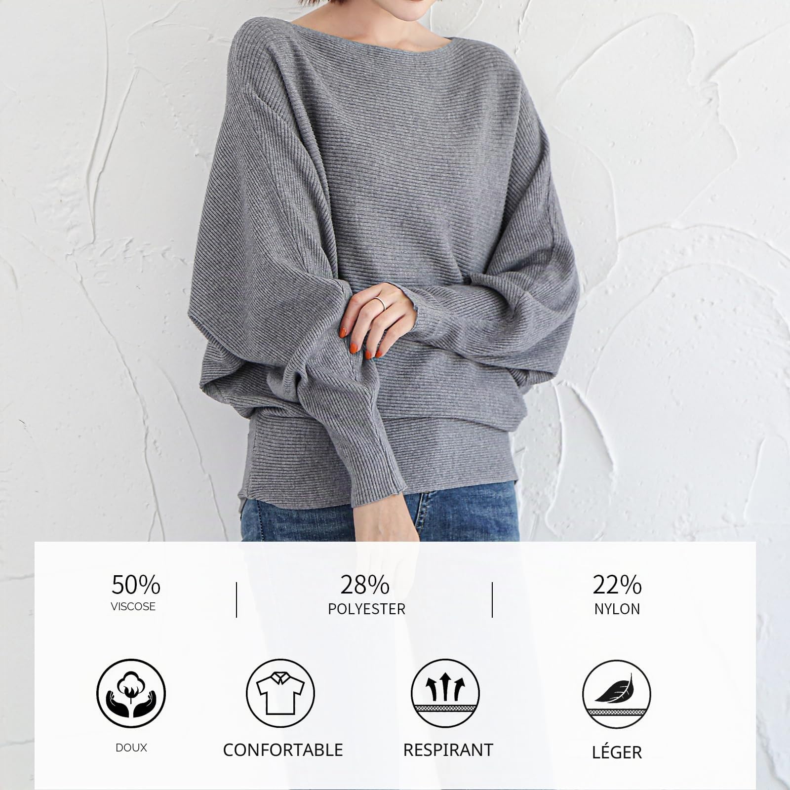 Qin Derdom Pull Chauve-Souris pour Femme - Pull Côtelé Ample Taille Unique avec Col Bateau, Pull Surdimensionné avec Manches Longues Dolman