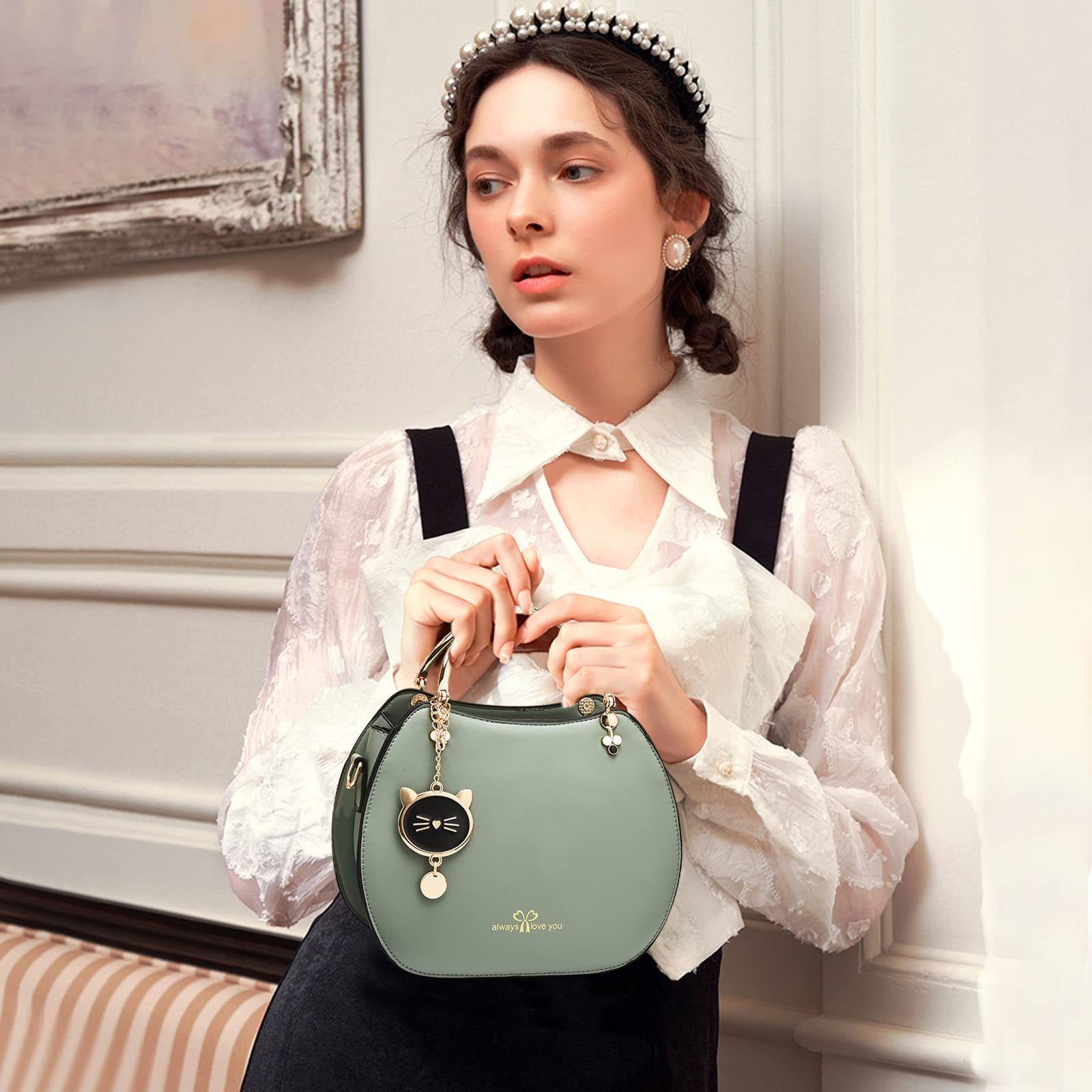NICOLE & DORIS Bolso Bandolera Redondo Mujer Bolso Pequeño Bolsos de Mano Crossbody Lindo Bolsa Cruzado Bolsa de Mensajero para Niñas Bolsos de Fiesta Pochette con Gato Colgante Verde