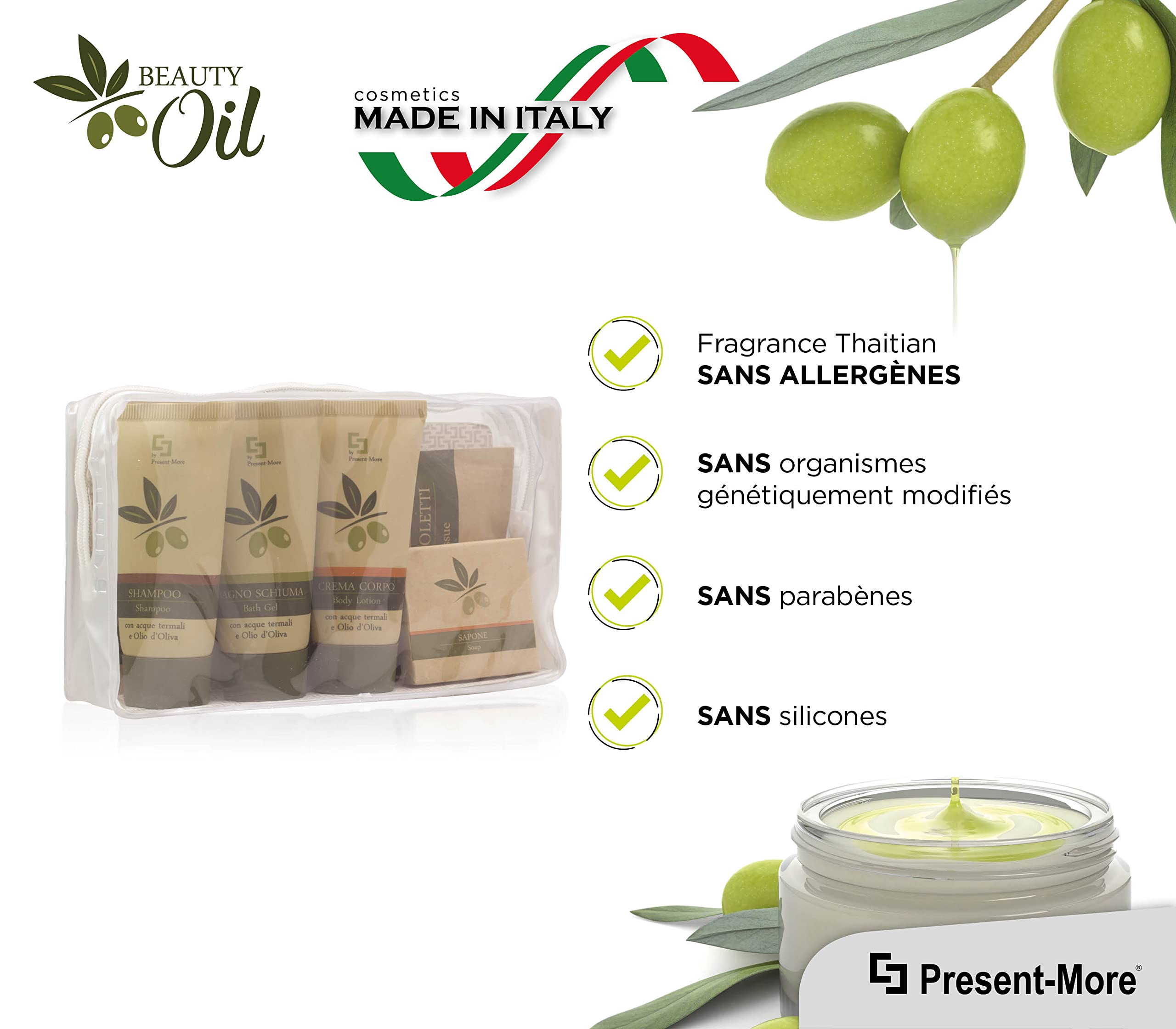 PRESENT-MORE - Kit Accueil 24 Invités Beauty Oil - Parfum Tahitian - Contenu: Shampooing, Gel Douche, Crème, Savon et Accessoires - Made in Italy - Pour Hôtels et B&B