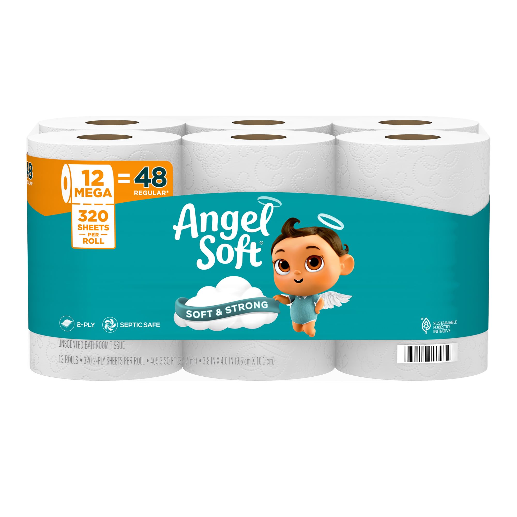 Photo 1 of Angel Soft Toilet Paper, 12 Mega Rolls = 48 Regular Rolls, Soft and Strong Toilet Tissue