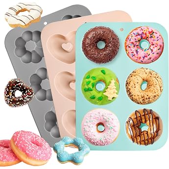 AKONE Doughnuts Baking Moulds Pack of 3 Silicone Doughnut Baking Mould with 6 Cavities Non-Stick Doughnut Mould Baking Tray Doughnut Maker Silicone Moulds Baking for Muffins Biscuits Bagels Muffins Cakes Round Flowers and Heart