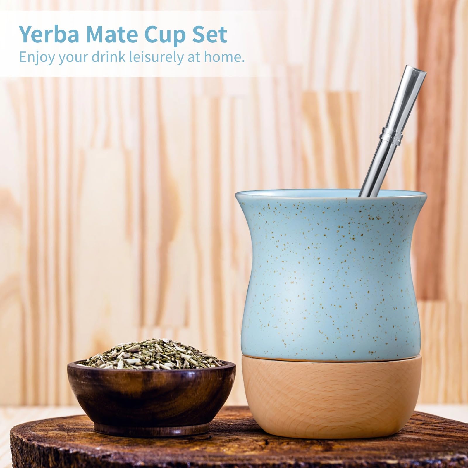 Generisch Yerba Mate Becher Set, Keramik Mate-Tee-Kalebasse mit Holzsockel und Edelstahl-Bombilla, 260 ml Fassungsvermögen, elegantes Design in edlem Blau für Küche und Zuhause