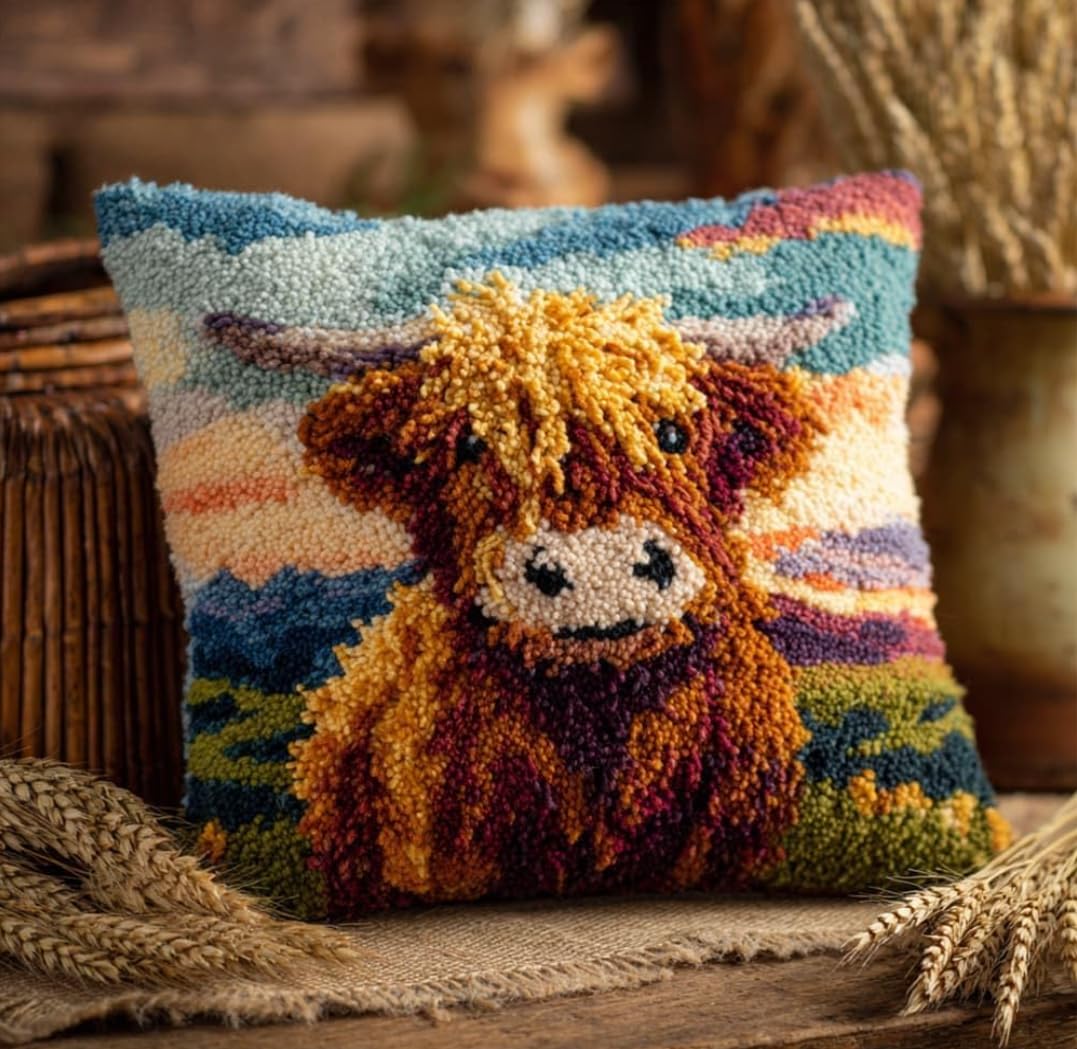 NAHUIGOOD Latch Hook Kits for Adults，DIY Pillowcase Hook and Latch Kit Rug for Adults Latch Hook Pre Printed Highland Cattle 43X43Cm
