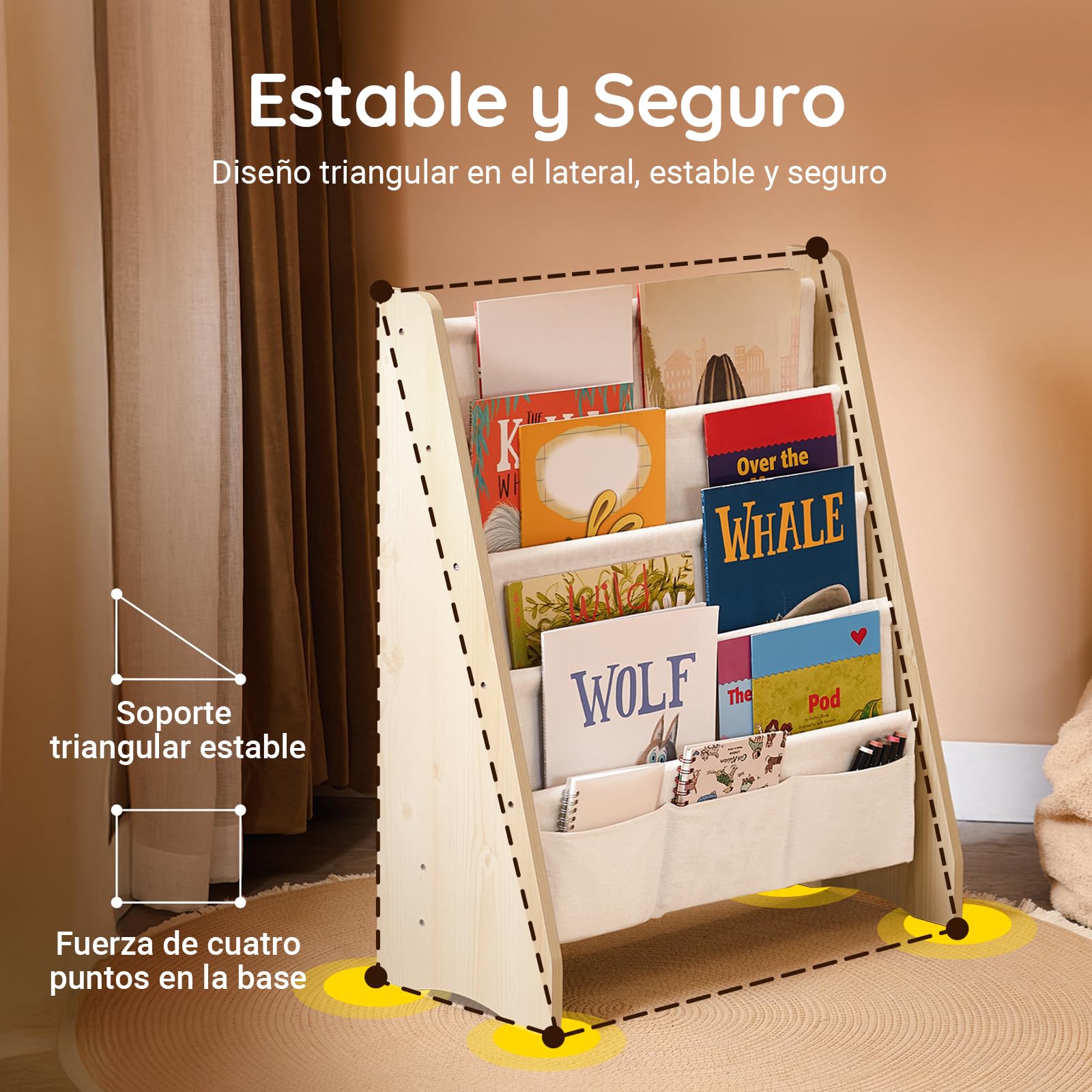 SoBuy Librería Infantil Montessori Estantería Libros Infantil con 4 Estantes y 3 Bolsillos de Tela Biblioteca para Almacenaje de Libros y Juguetes Natural 63x28x76cm KMB50-N
