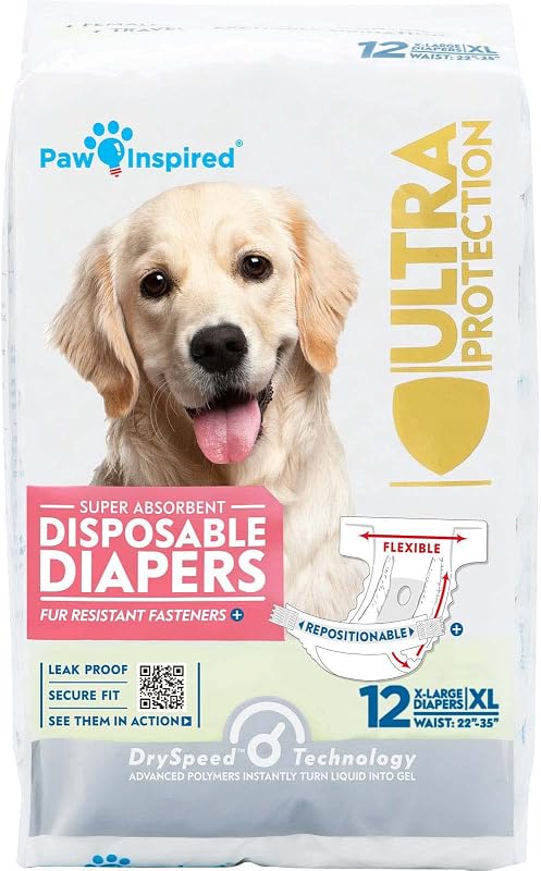 Fraldas Descartáveis para Cadelas Paw Inspired, Tamanho XL, Pacote com 12