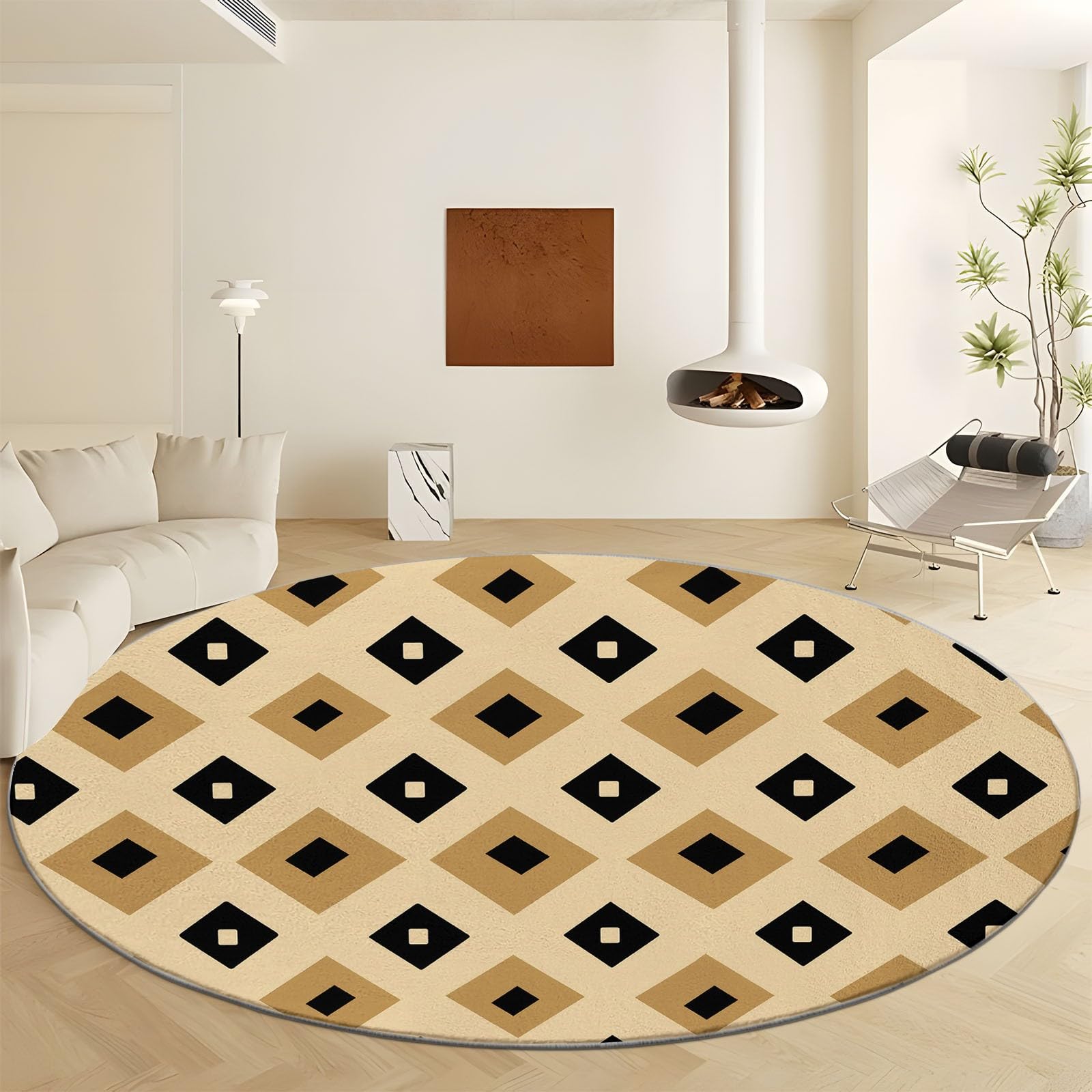 Okrągły dywan do salonu nadający się do prania 180 cm geometryczny neutralny romby klocki, antypoślizgowa mata podłogowa w stylu vintage - do sypialni, kuchni, balkonu, tarasu, jadalni, pokoju zabaw