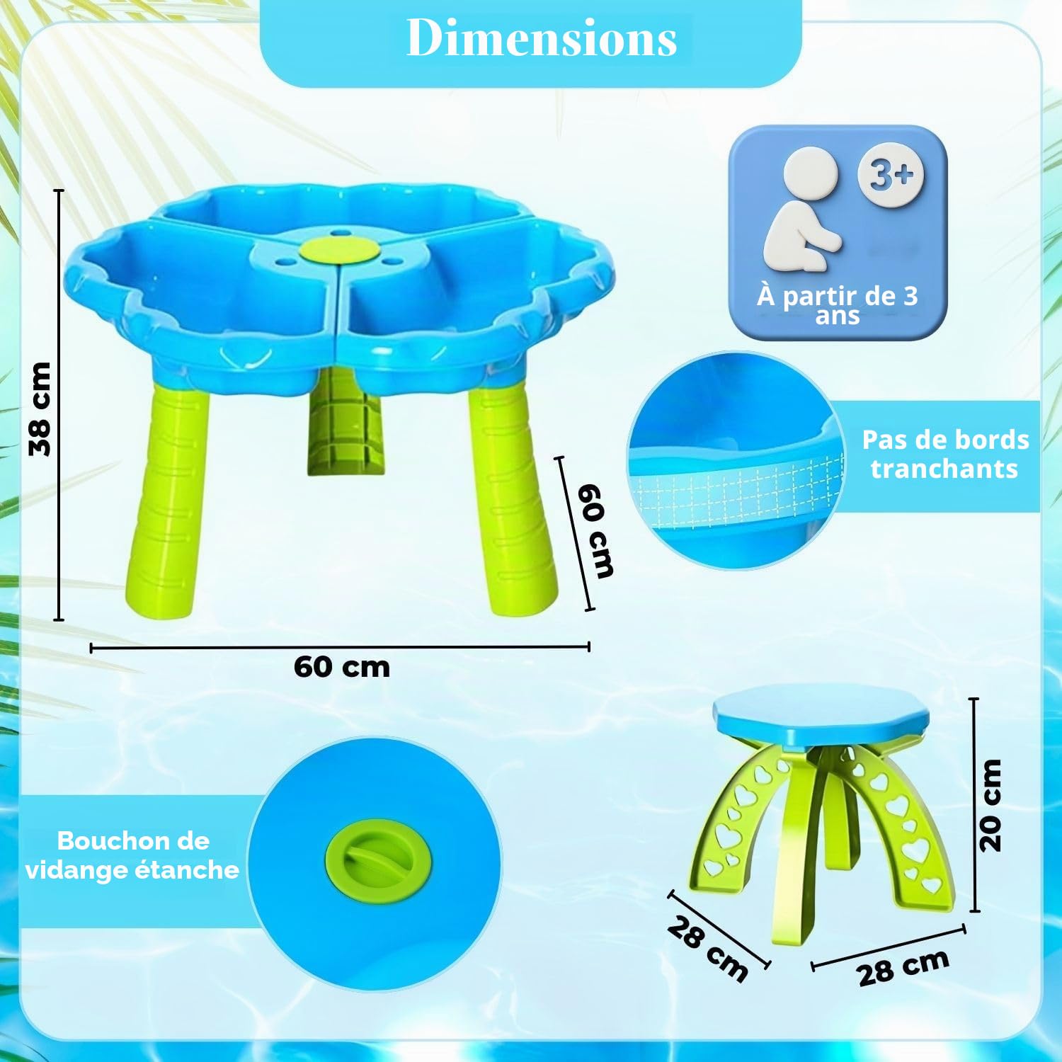 Table de Jeu Narus XL à Sable et Eau - 3 Bacs Séparés, Tabouret, pour Enfants, Extérieur, Balcon et Jardin - Bac à Sable avec Jouets et Table de Plantation