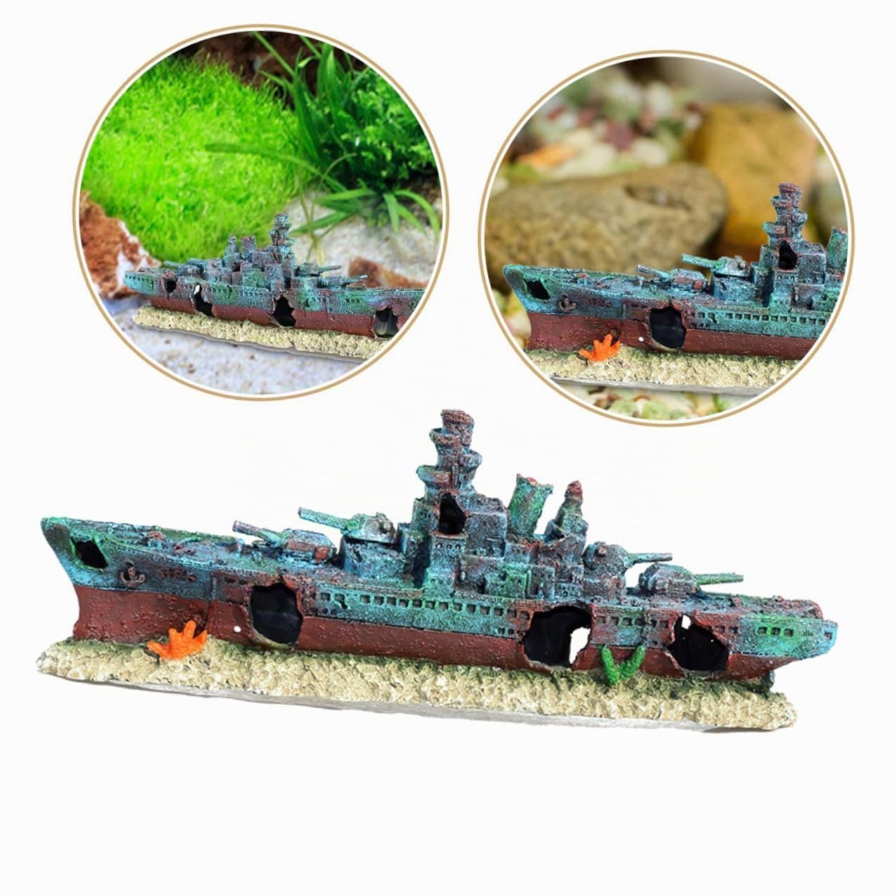 ORFOFE Schiffswrack Aquarium Dekoration Resin Realistische Versunkene Kriegsschiff attrappe Wasserdichtes Unterwasser Ornament Versteck für Fische Maritimes Aquarium deko Element