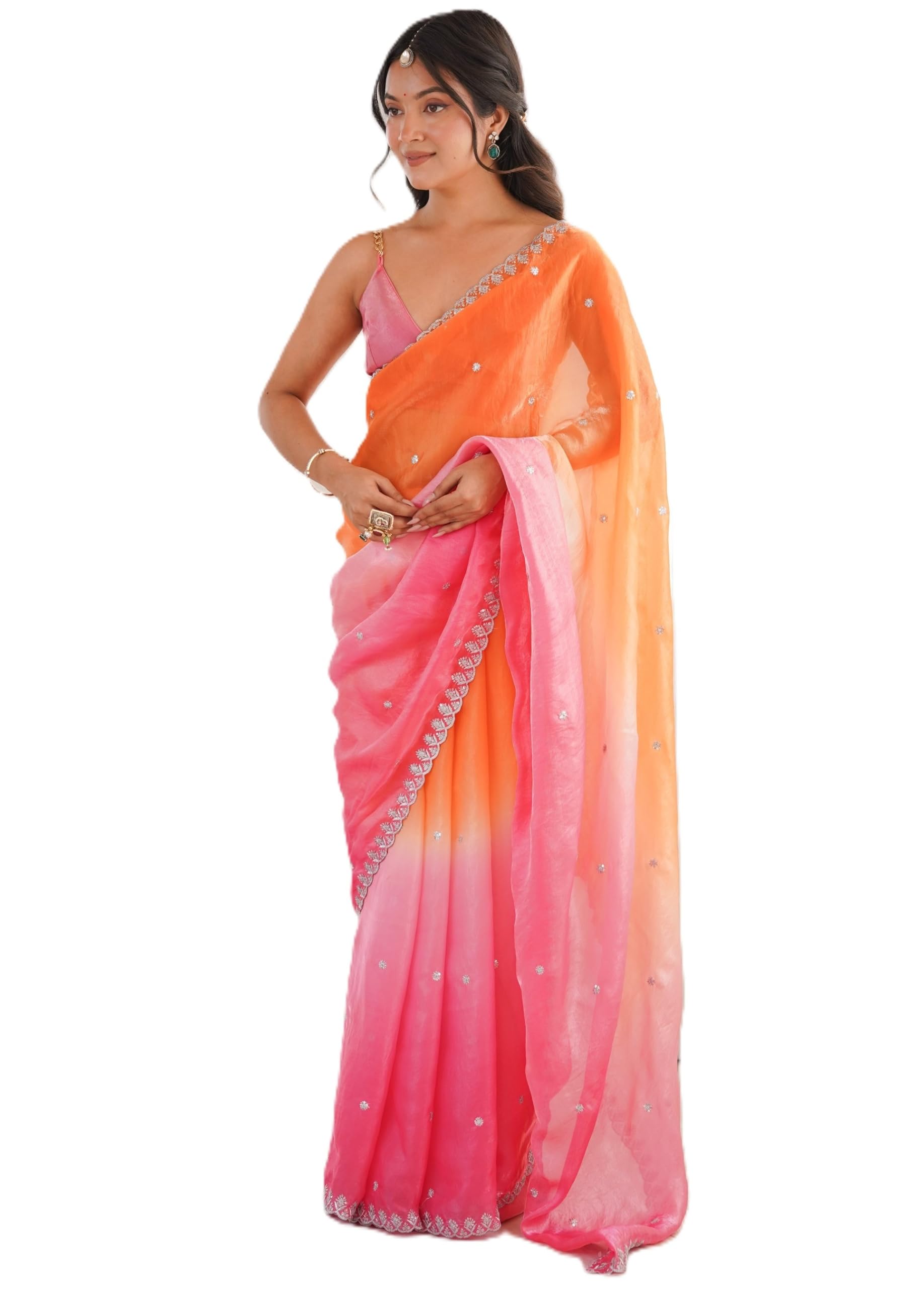 Women's Fendy Satin Sequence Embroidery Work Saree With Unstitched Blouse Piece-image-34