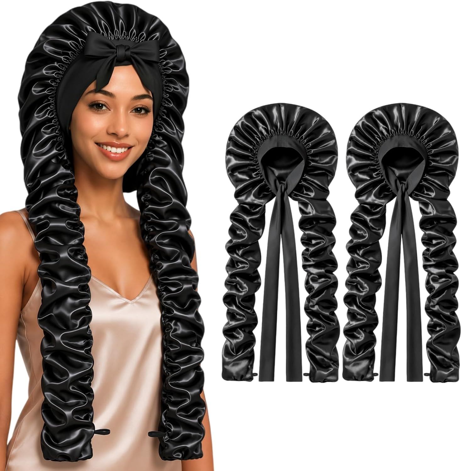Double Layer Satin Extra Long Hair Bonnet for Braids, Locs, Dreadlocks, Silk Like Heatless Bounce Curl Bonnet for Long Hair