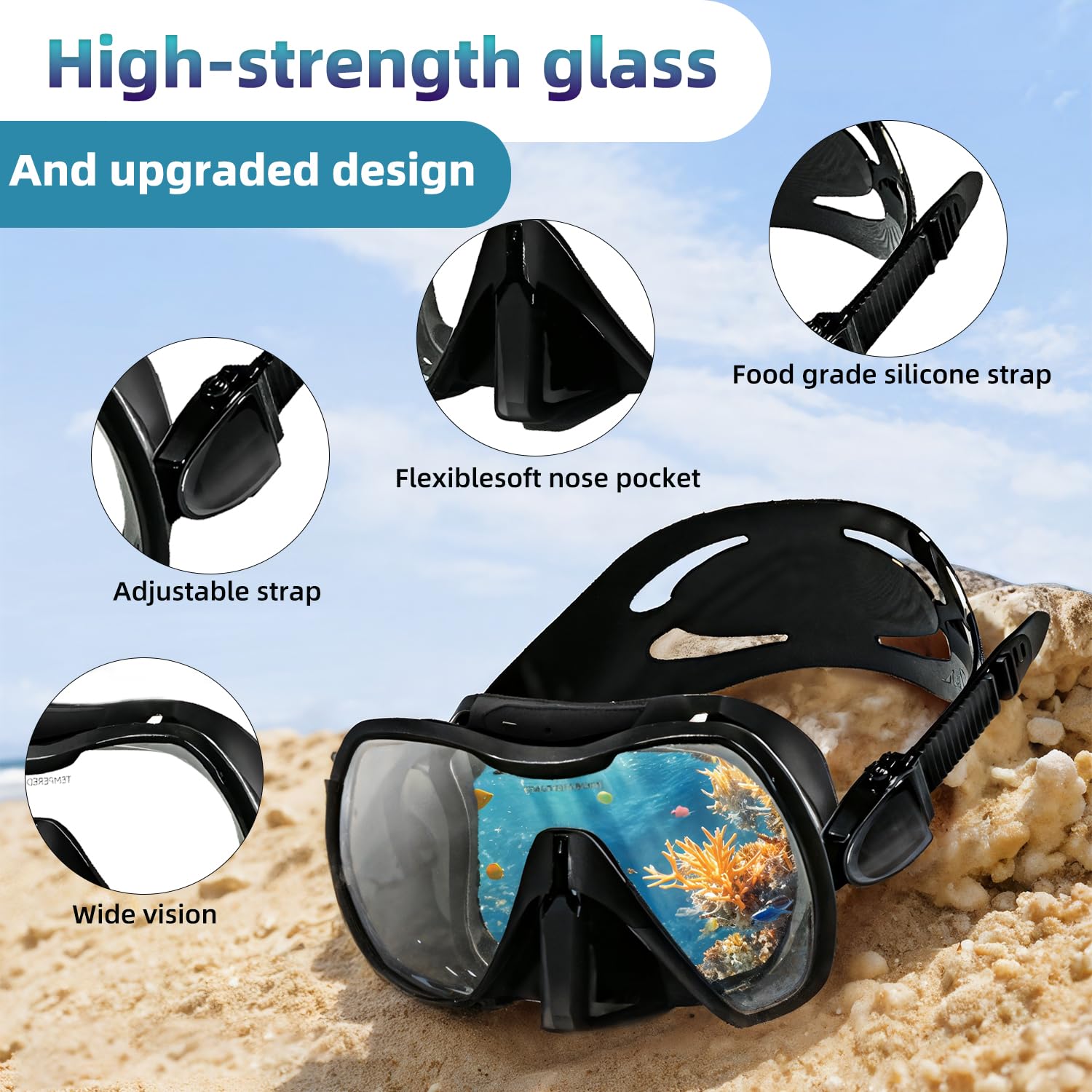 M120 - Máscara de buceo panorámica HD de silicona, antivaho de 180°, gafas de buceo de vidrio templado, gafas de buceo para adultos y jóvenes, gafas de natación para buceo, esnórquel y