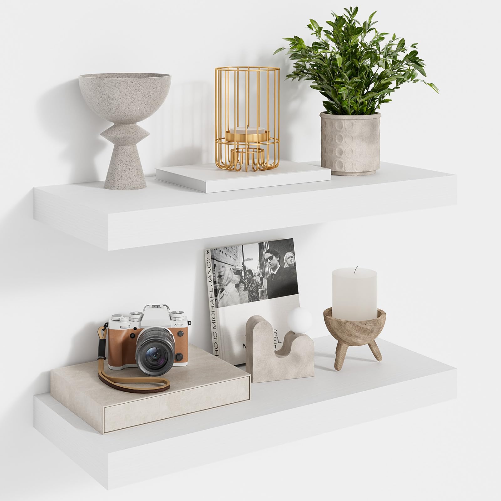 Feihorrm Set of 2 Floating Shelves, 40cm Floating Shelf, White Wall Shelves, Wooden Shelves, Shelves for Wall, Wall Shelf for Bathroom, Kitchen, Living Room and Bedroom, Home Decor
