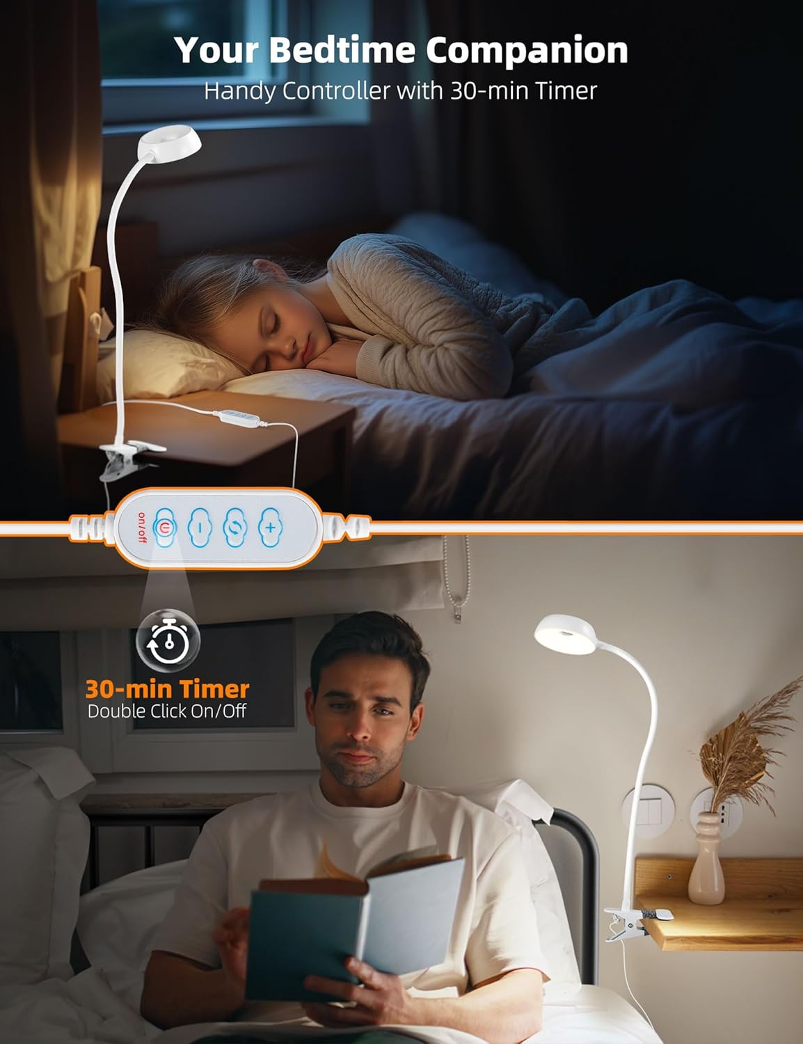 LiFMIRA Clip on Light, LED Reading Light for Beds Headboards, Flexible Clip on Lamp with Clamp,3 Color Modes & 10 Brightness Eye-Friendly Book Light Reading Light for Books in Bed Bedside Desks White