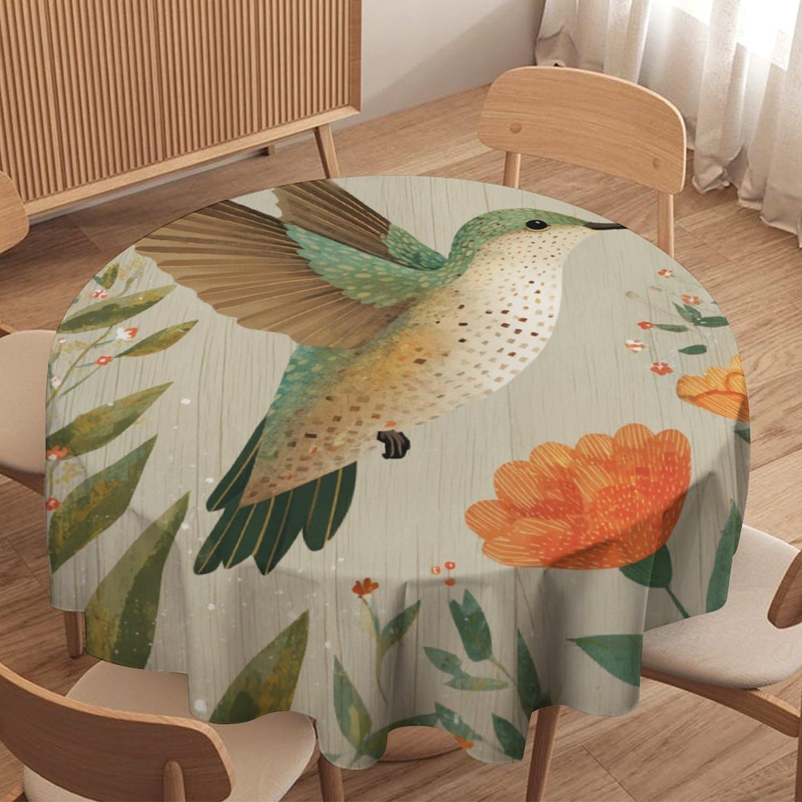 LUYYSKY Classic Antique Birds Hummingbird Round Tablecloth Oil Painting Aesthetic Wooden Board Animals Hummingbirds Floral Washable Decor for Table Cover for Kitchen-177.8" Wx177.8 L cm