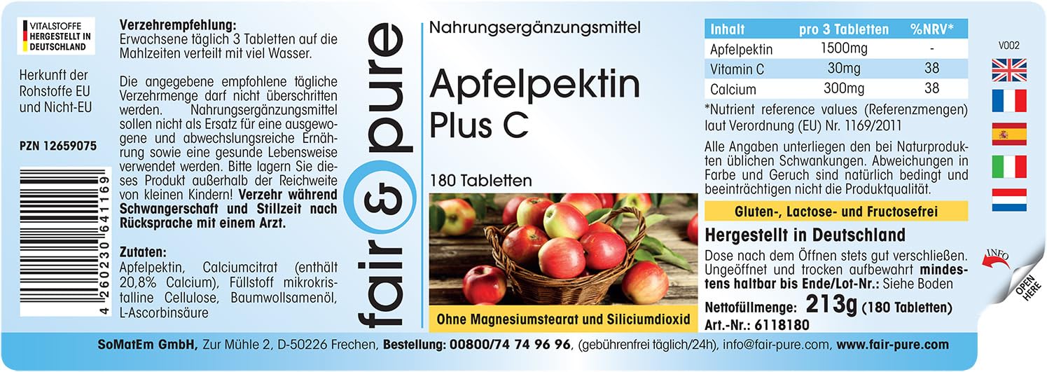 Fair & Pure® - Pectine de Pomme Plus C et calcium - Végan - fibres naturelles - 180 comprimés - emballage pour 2 mois