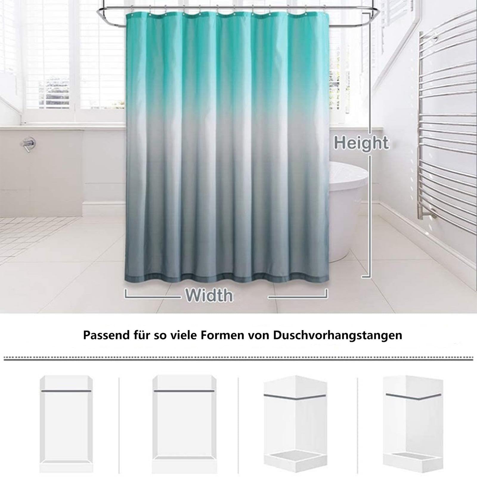 Rideau de douche imperméable 230 x 180 cm – Tissu dégradé anti-moisissure Impression numérique lavable avec Hoo – Idéal pour salle de bain et baignoire