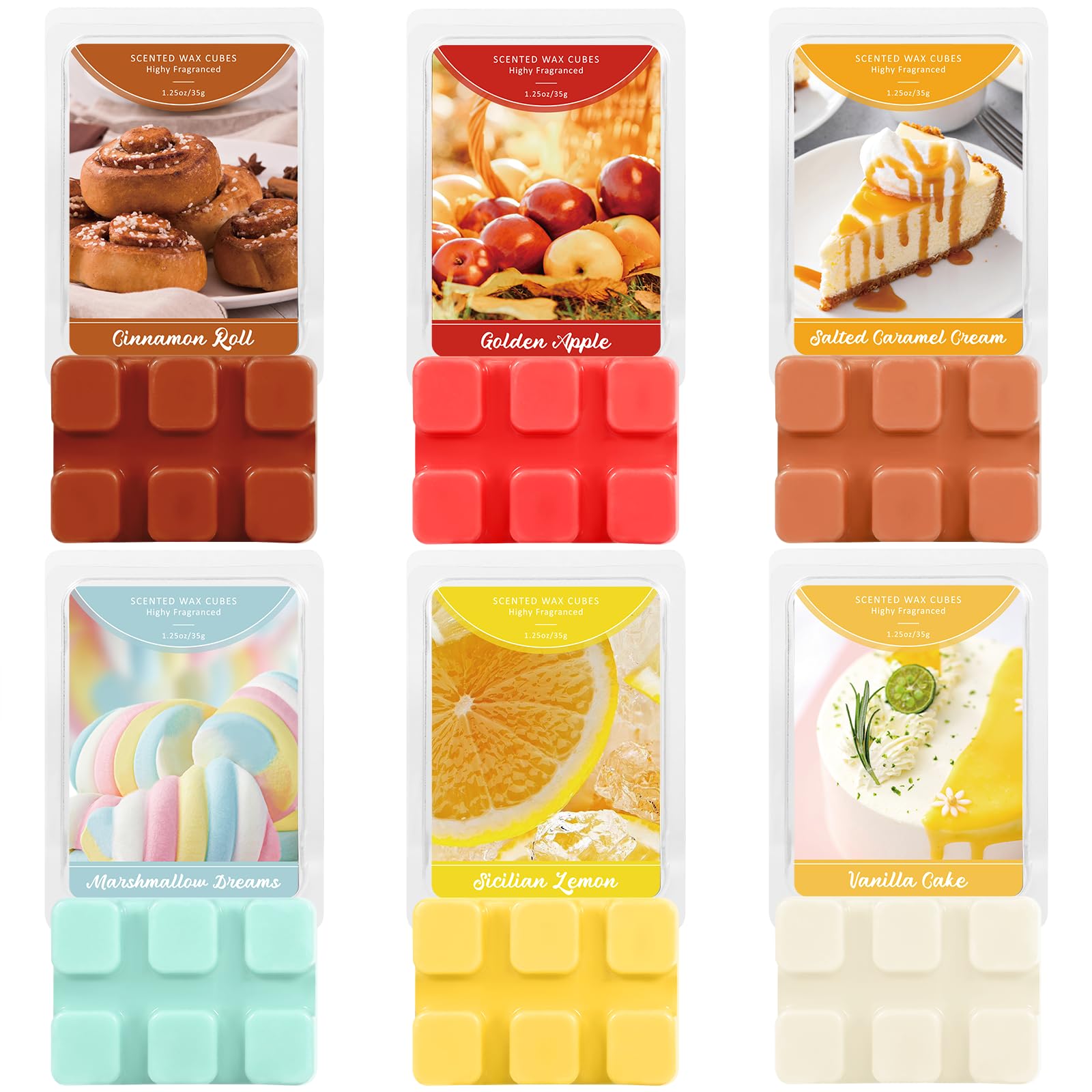 SCENTORINI Wax Melts, Scented Wax Cubes for Warmer, 6 Pack, Sicilian Lemon, Golden Apple, Cinnamon Roll, Salted Caramel Cream, Marshmallow Dreams, Vanilla Cake, Candle Wax Melts for Home Yoga