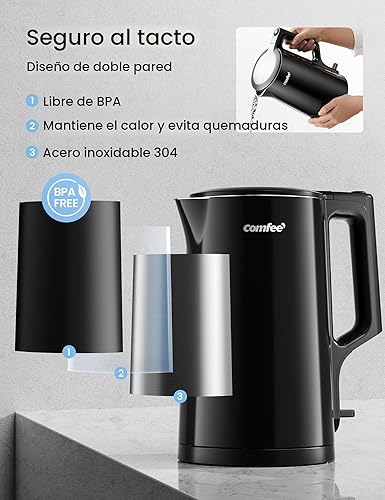 Miniatura 3 de COMFEE' Hervidor de té eléctrico de doble pared de 1.7 L, hervidor de agua y hervidor de agua, interior de acero 100% inoxidable, tapa y boquilla,