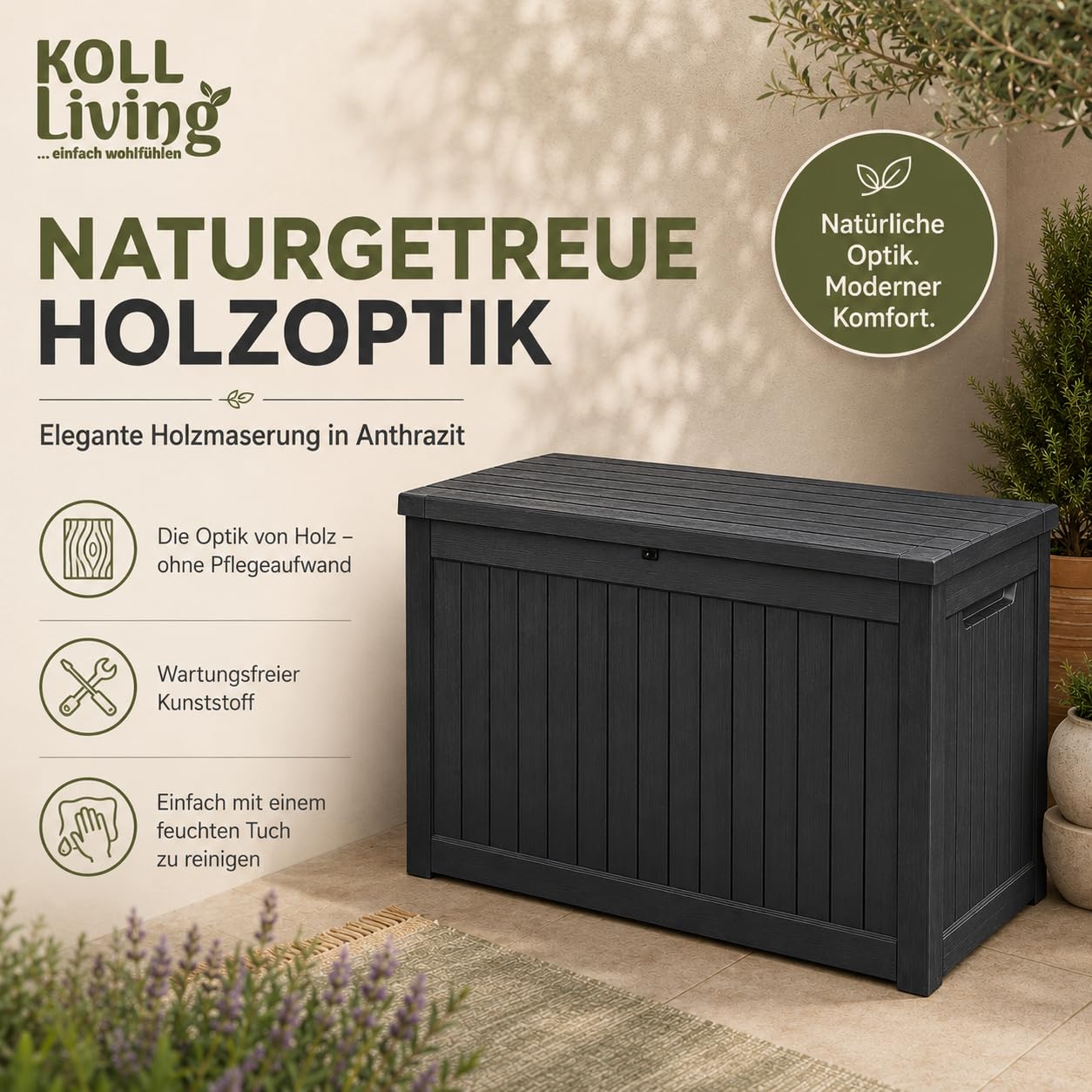 Koll Living Auflagenbox/Kissenbox Cedar 870 Liter l 100% Wasserdicht l mit Belüftung dadurch kein übler Geruch/Schimmel l Moderne Holzoptik l Deckel belastbar bis 250 KG (2 Personen) Modell 2027